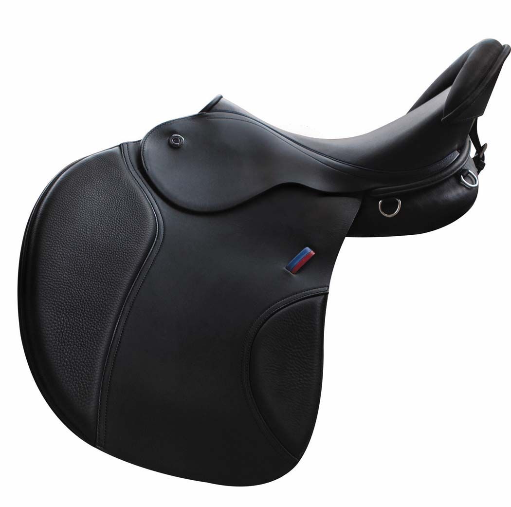 Schwarzer Sattel, Leder, mit Steigbügelhalterungen und farbiger Applikation.