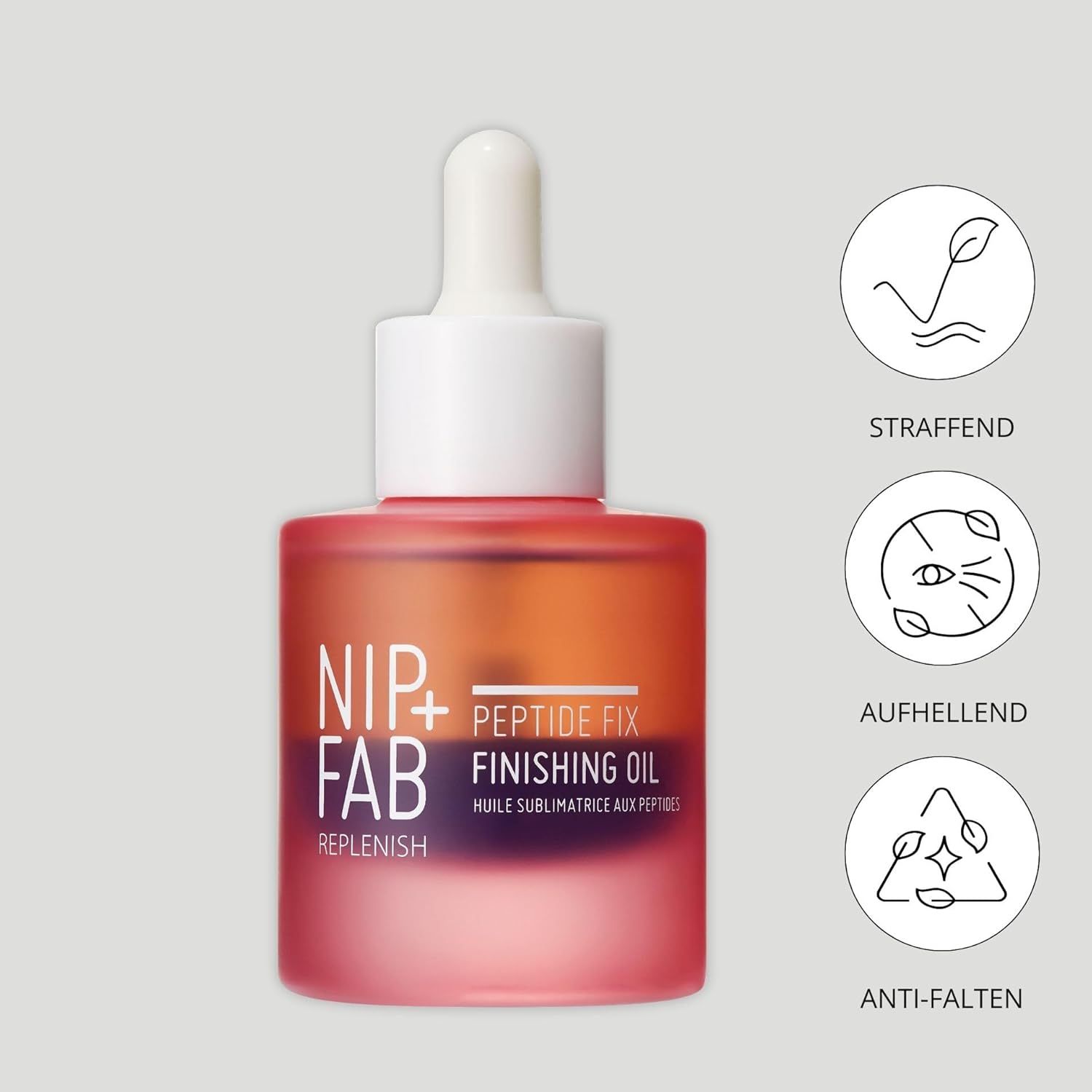 Rote Glasflasche mit weißem Deckel und Pipette. Aufschrift: NIP+FAB, Peptide Fix Finishing Oil. Vegan- und Anti-Falten-Symbole.