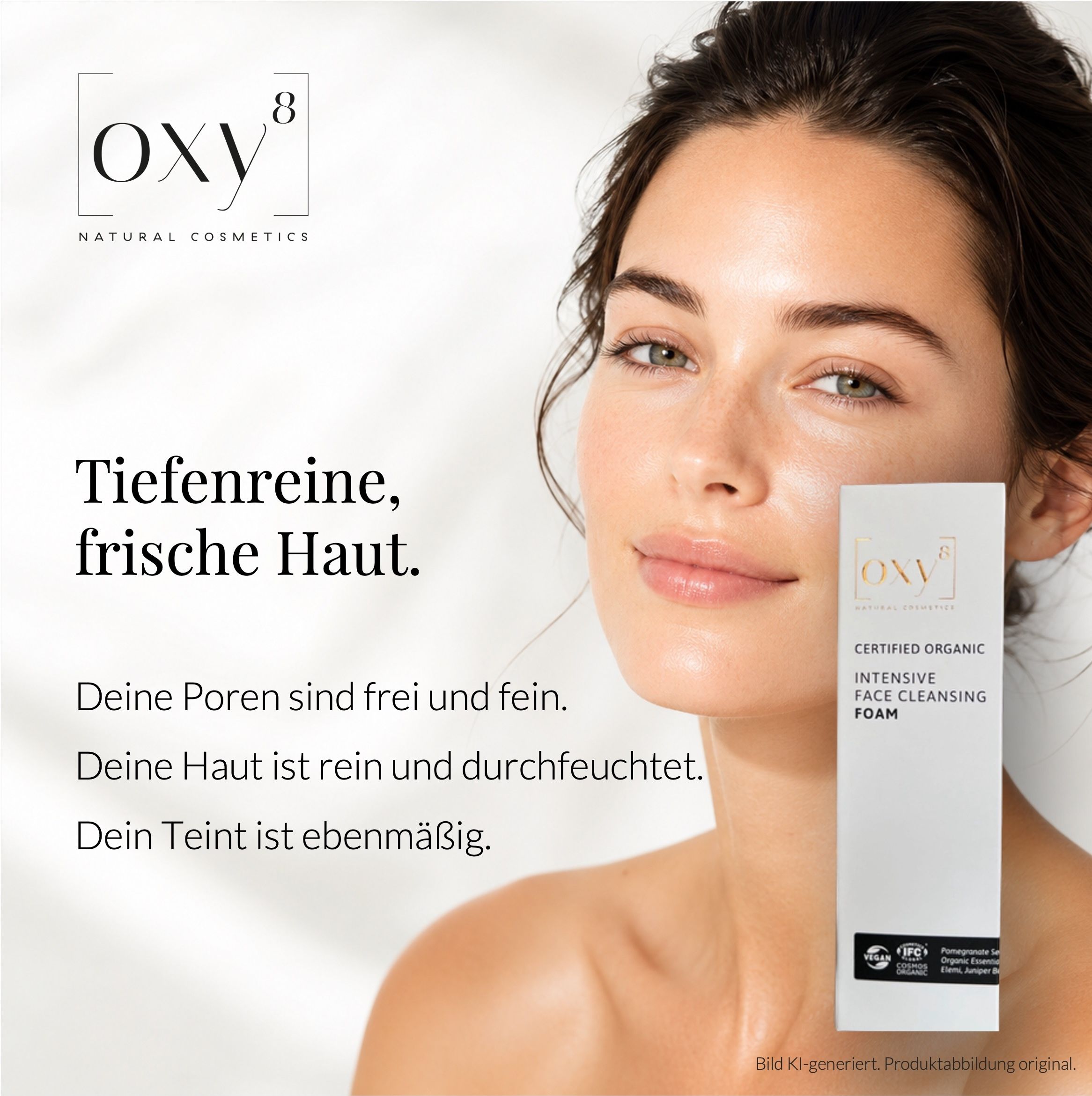 Frau mit reinem Teint, OXY8 Logo und Produktbeschreibung.