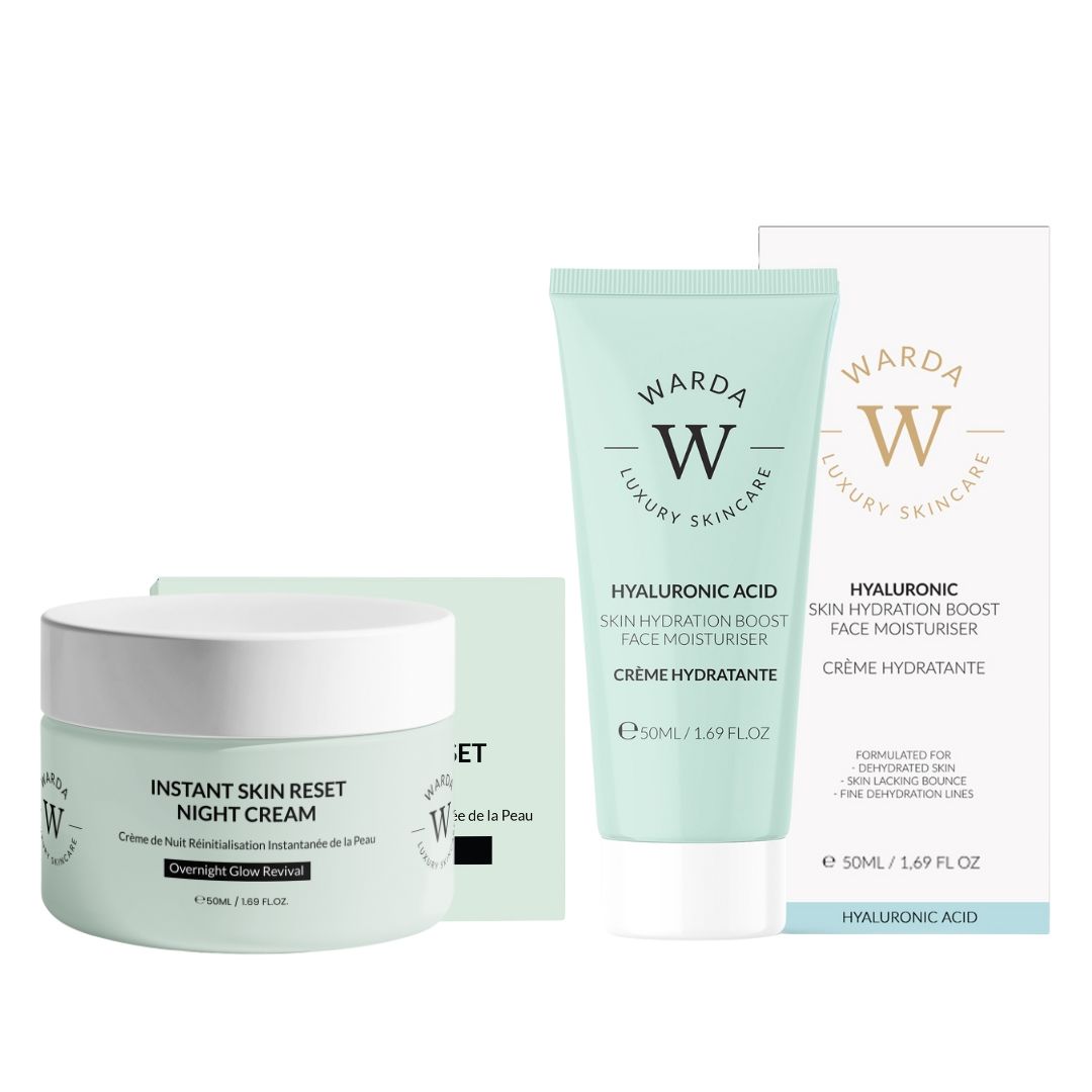 Zwei Produkte mit Verpackung. Creme-Tiegel, Tube und Karton. Hellgrün mit weißer Schrift. Aufschrift: Warda Luxury Skincare, Instant Skin Reset Night Cream, Hyaluron-Feuchtigkeitscreme.