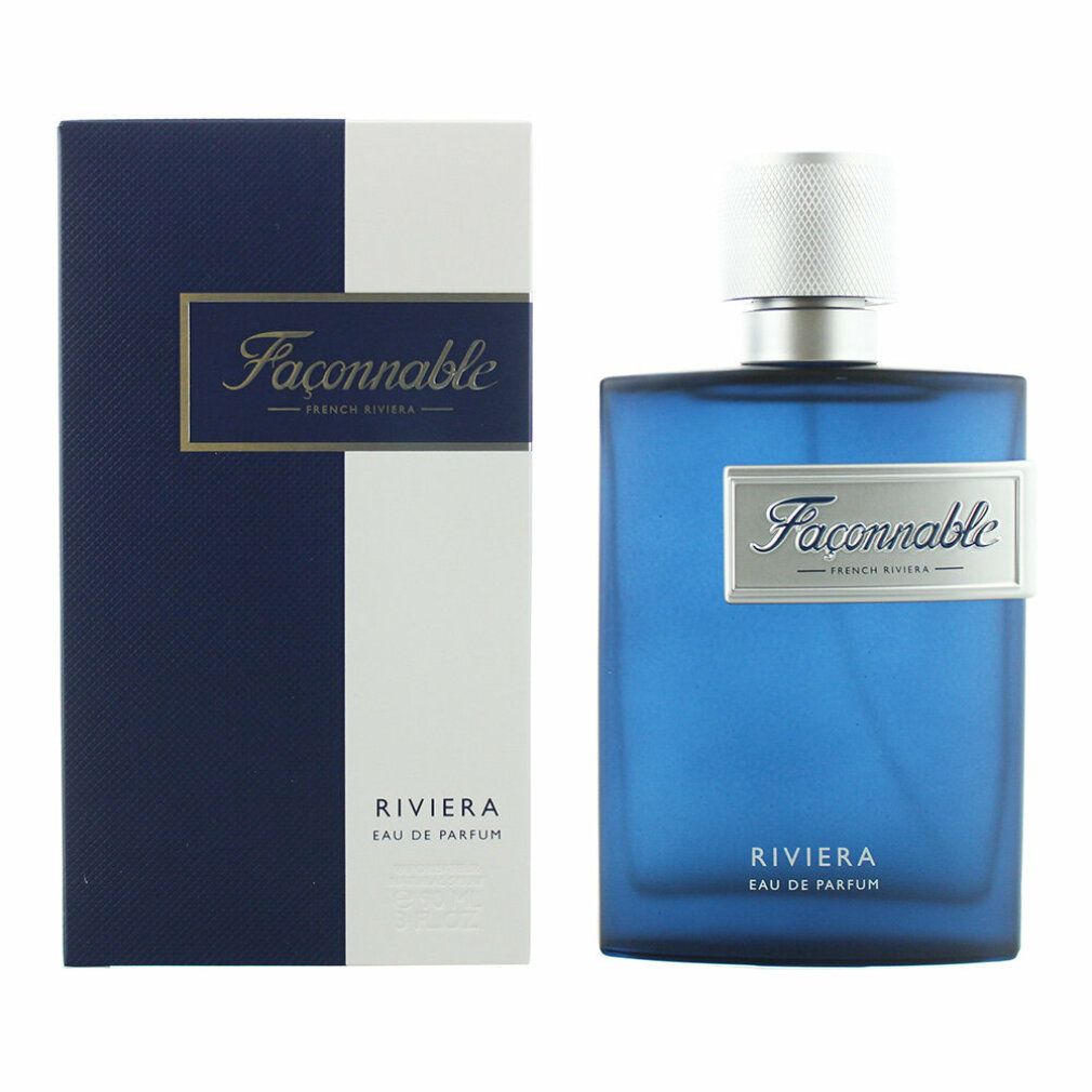 Dunkelblaue Flasche und Verpackung. Aufschrift: Façonnable Riviera Eau de Parfum.