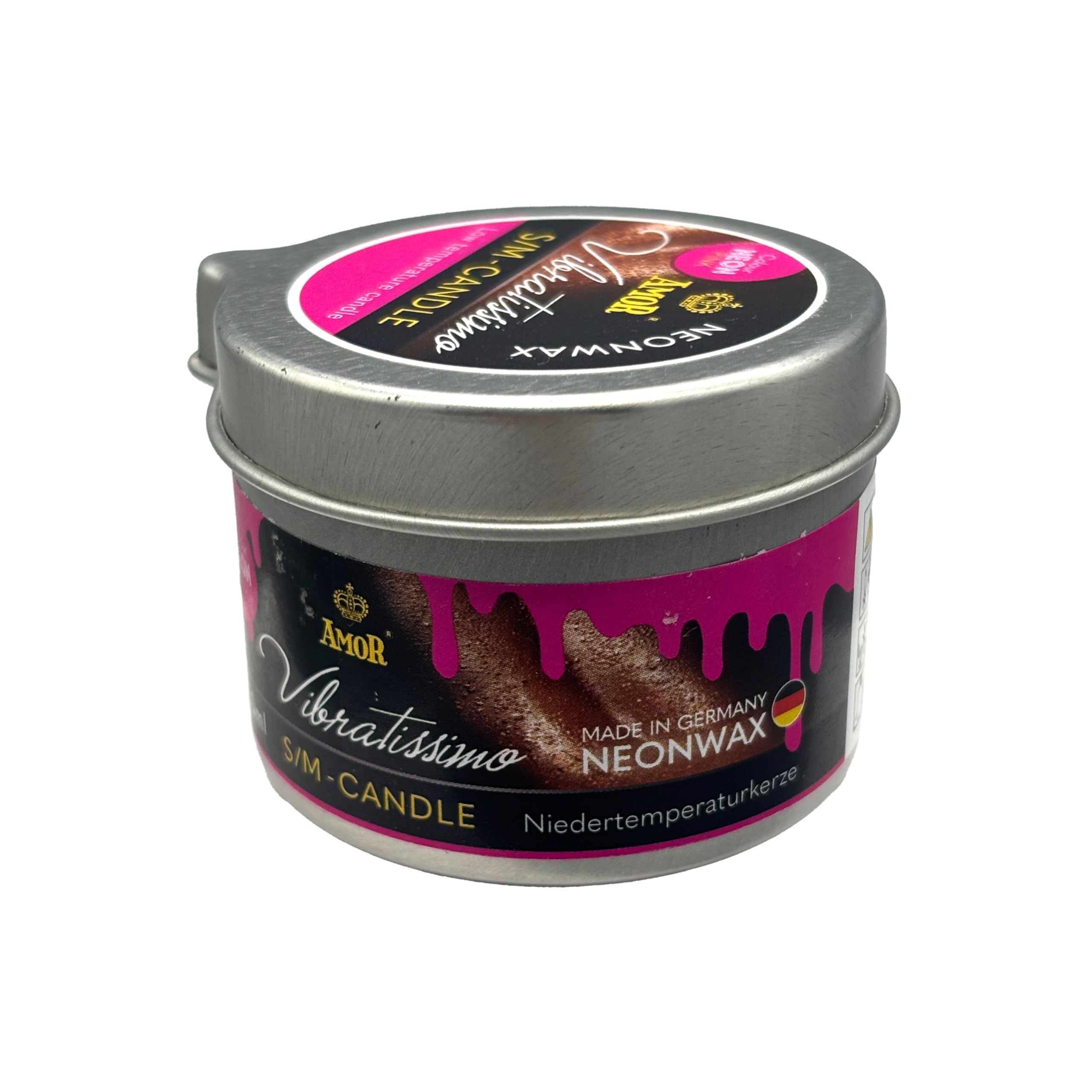 VIBRATISSIMO S/M Kerze Neon Pink in Metalldose, geschlossen. Kerze ist pink.