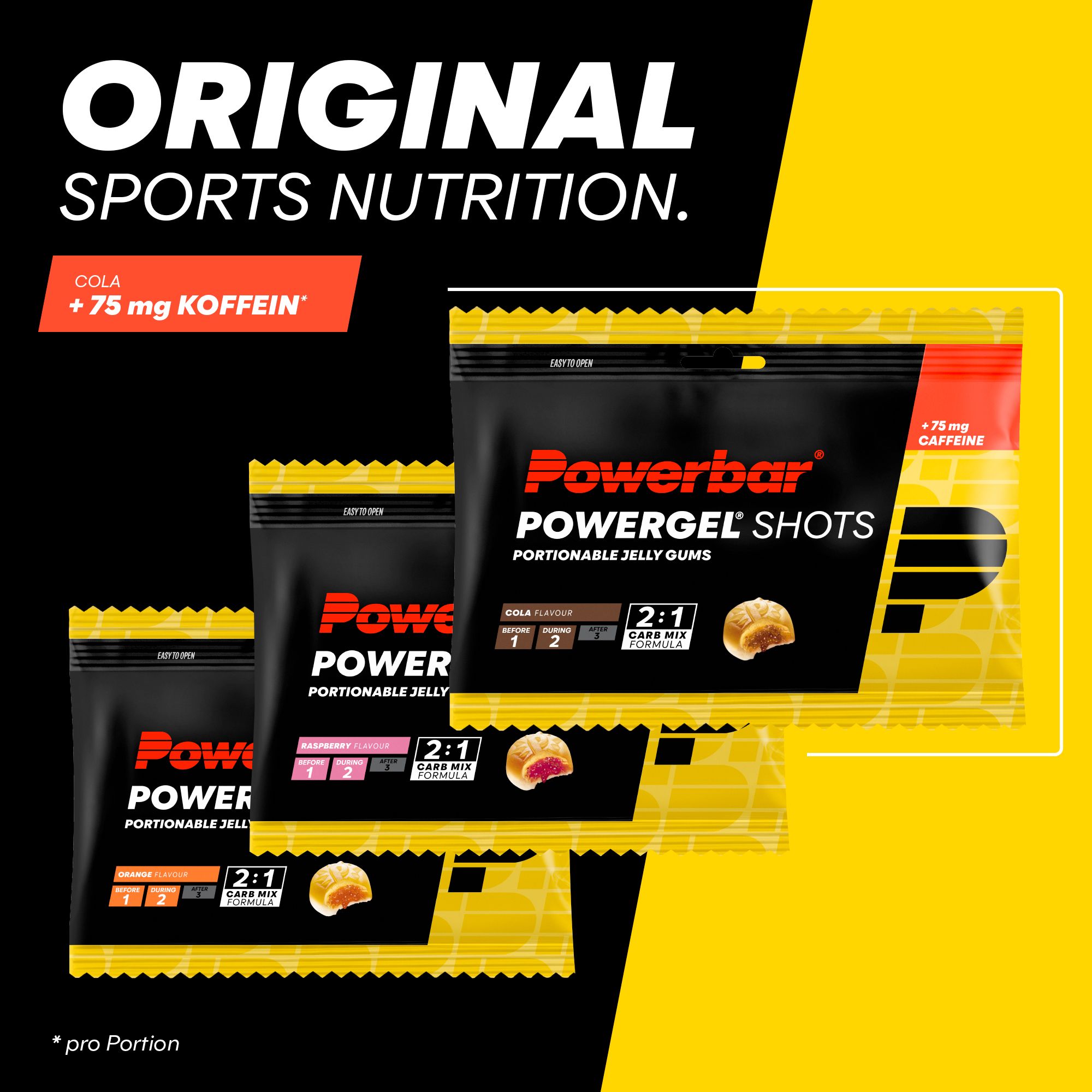 Mehrere Powerbar PowerGel Shots Cola-Packungen. Schwarze und gelbe Verpackung. Enthält 75 mg Koffein. Portionierbare Geleebonbons mit 2:1 Carb Mix Formel.