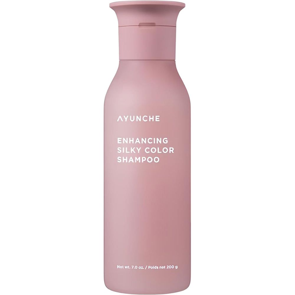 AYUNCHE Enhancing Silky Color Shampoo in einem matten, rosafarbenen Flakon mit Pumpspender.