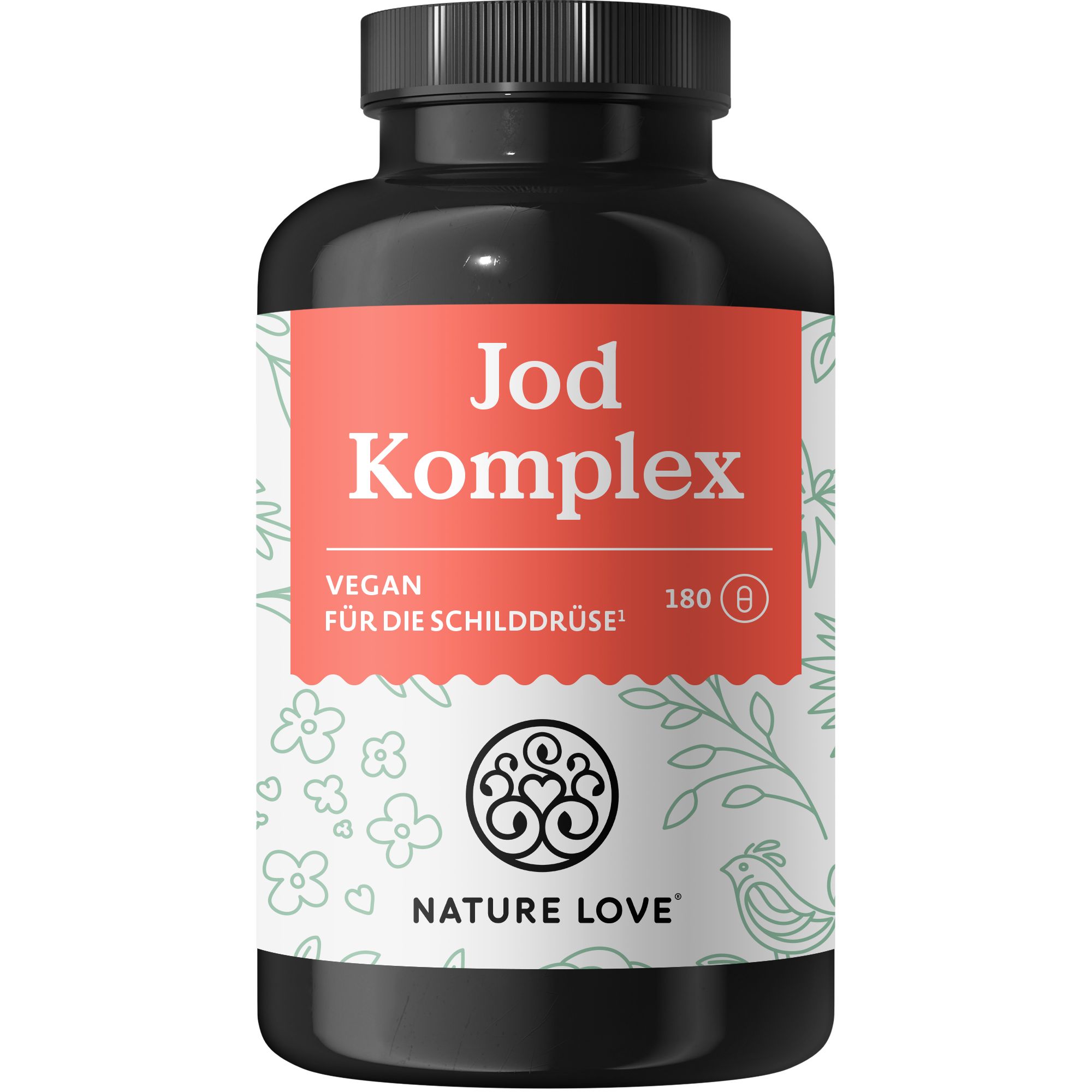 Schwarze Flasche mit Etikett. Aufschrift: Jod Komplex, vegan, für die Schilddrüse. NATURE LOVE Logo.