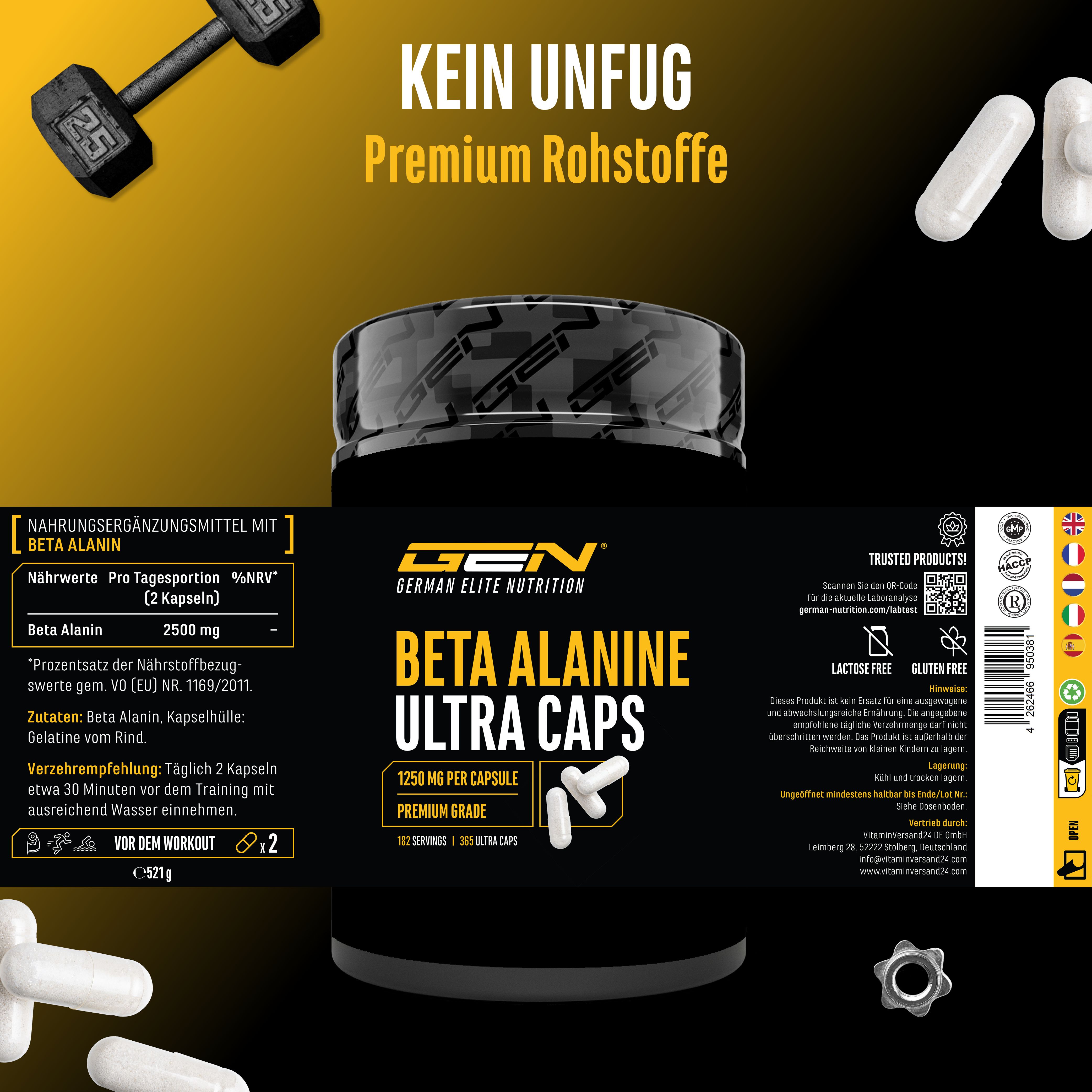 Produktetikett von GEN Beta Alanine Ultra Caps. 1250 mg pro Kapsel. 182 Servings. Inhaltsstoffe und Verzehrempfehlung.