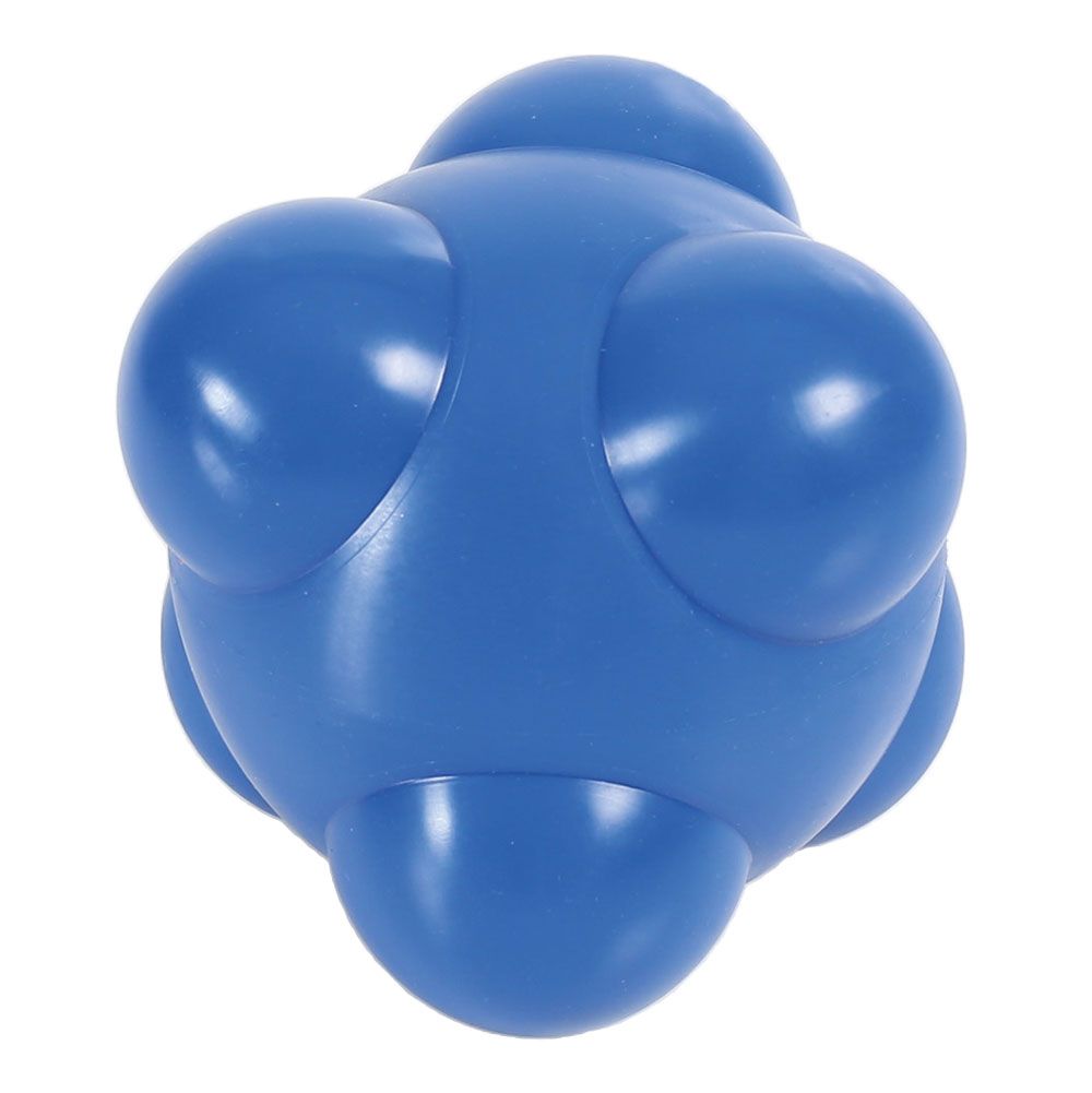 Blauer Reaktionsball mit sechs abgerundeten Ausbuchtungen. Glatte Oberfläche, sternförmige Anordnung.
