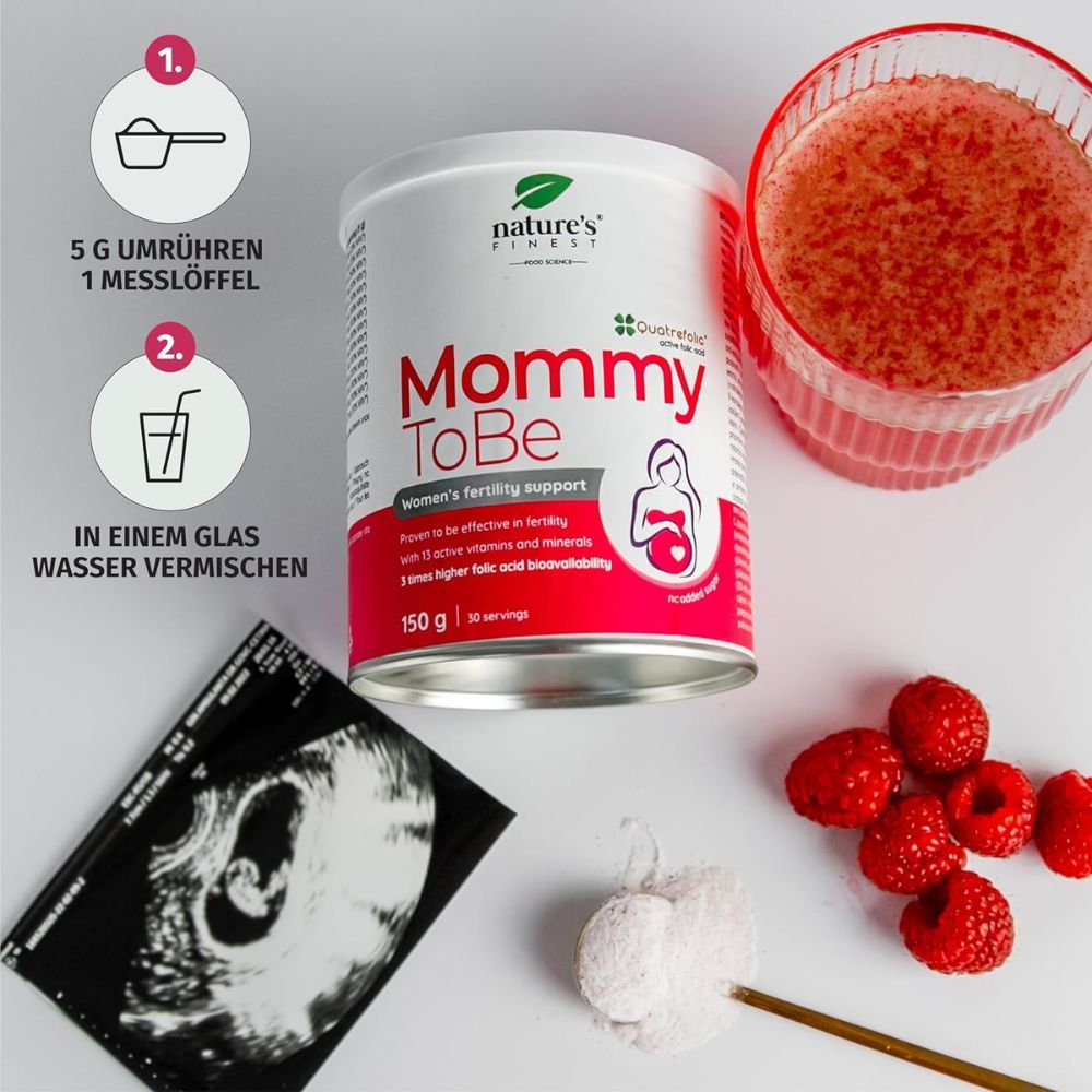 Anleitung: 5g Pulver in 1 Messlöffel, in einem Glas Wasser vermischen. Dose, Himbeeren, Glas mit Flüssigkeit, Ultraschallbild.