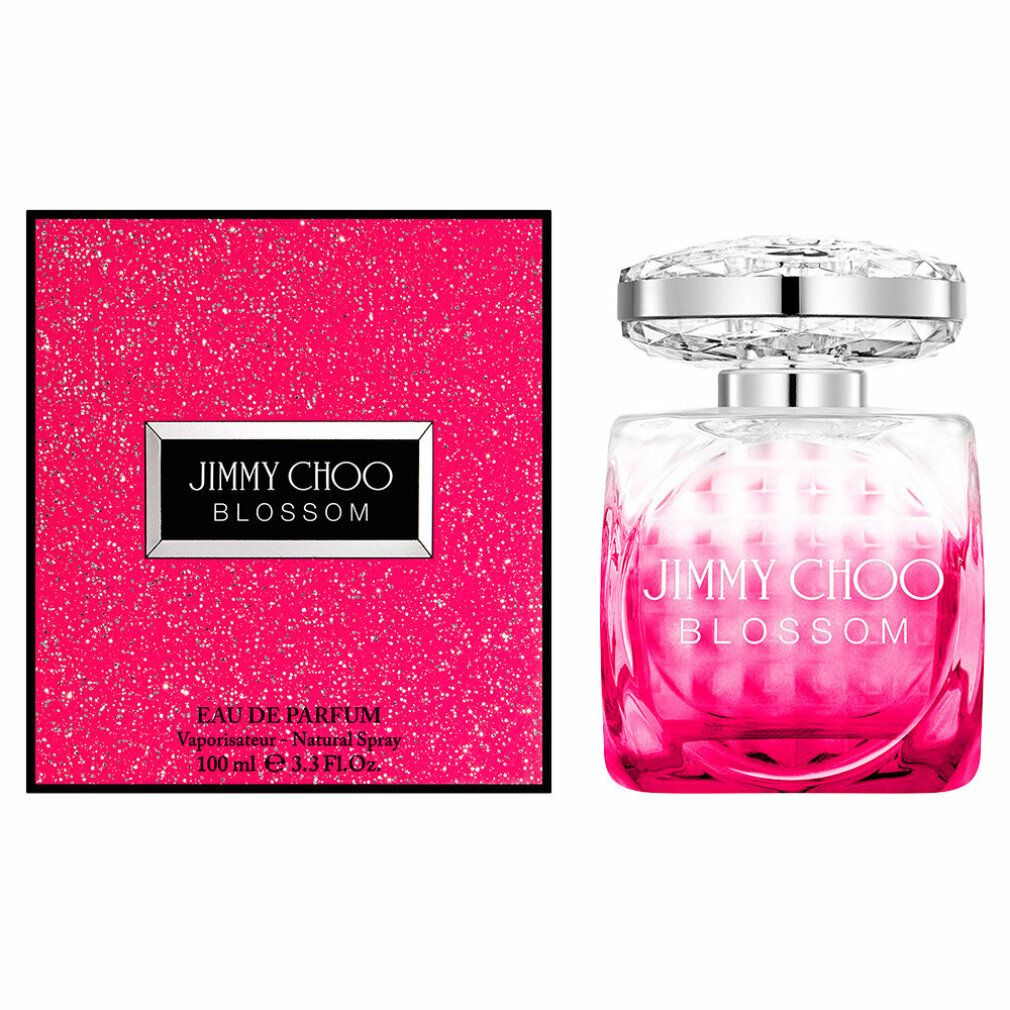 Rosa Flakon mit silbernem Deckel und rosa Verpackung mit Logo. Aufschrift: Jimmy Choo Blossom.