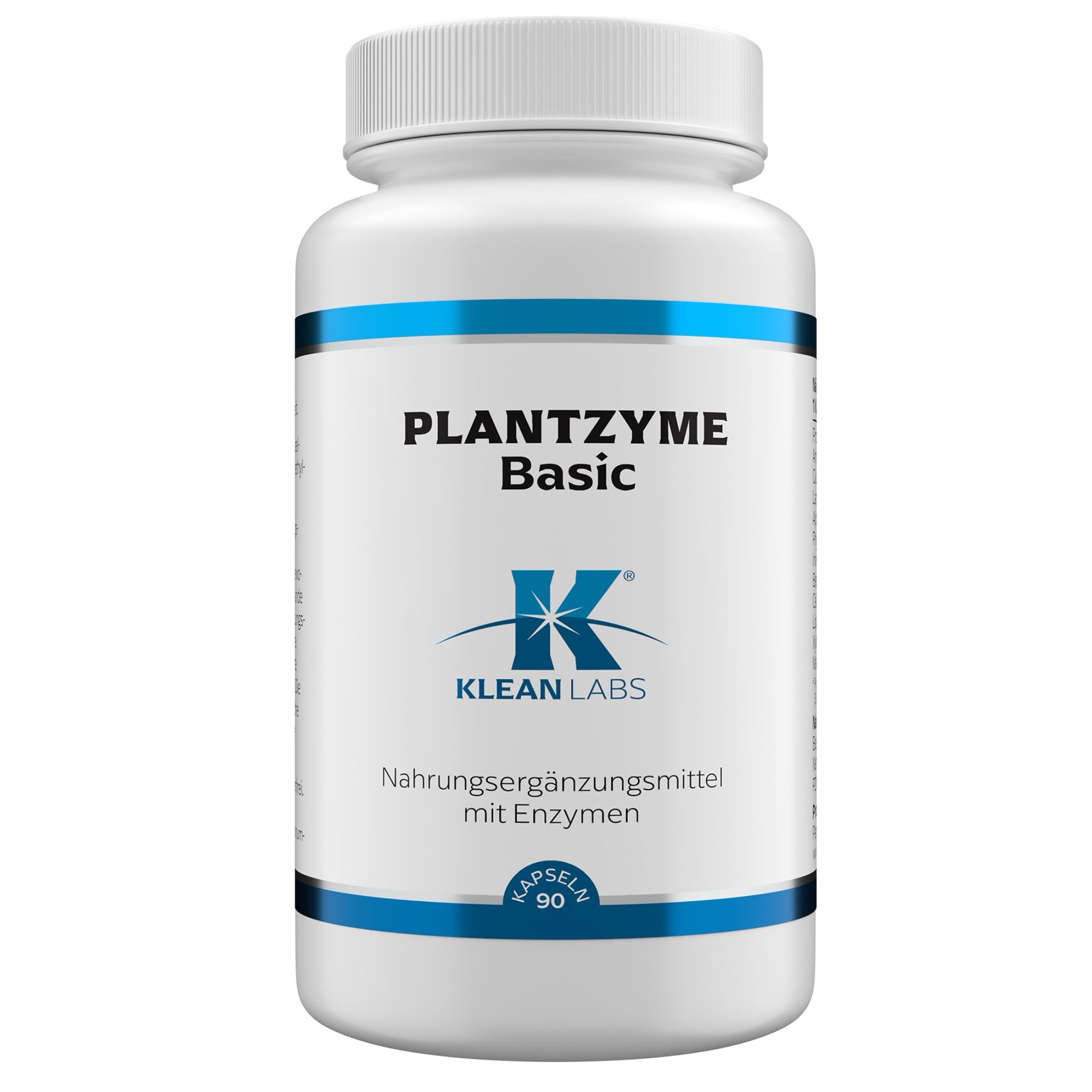 Weiße Flasche mit blauem Streifen und Aufschrift PLANTZYME Basic. Klean Labs Logo. Nahrungsergänzungsmittel mit Enzymen. 90 Kapseln.