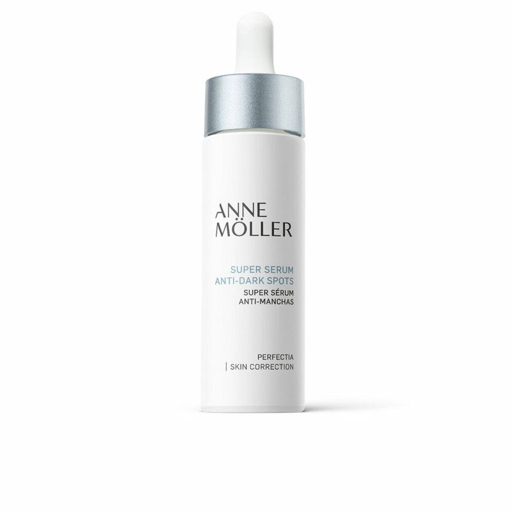Weiße Serumflasche mit silbernem Deckel und Pipette. Beschriftung: Anne Möller, Super Serum Anti-Dark Spots, Perfectica Skin Correction.