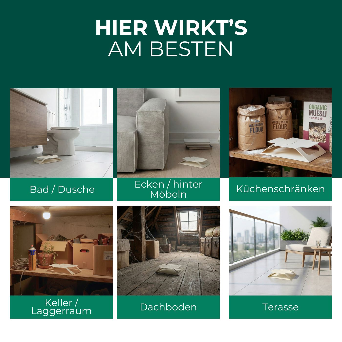 Anwendungsorte: Bad/Dusche, Ecken/hinter Möbeln, Küchenschränke, Keller/Lagerraum, Dachboden, Terrasse. Fallen liegen auf Oberflächen.