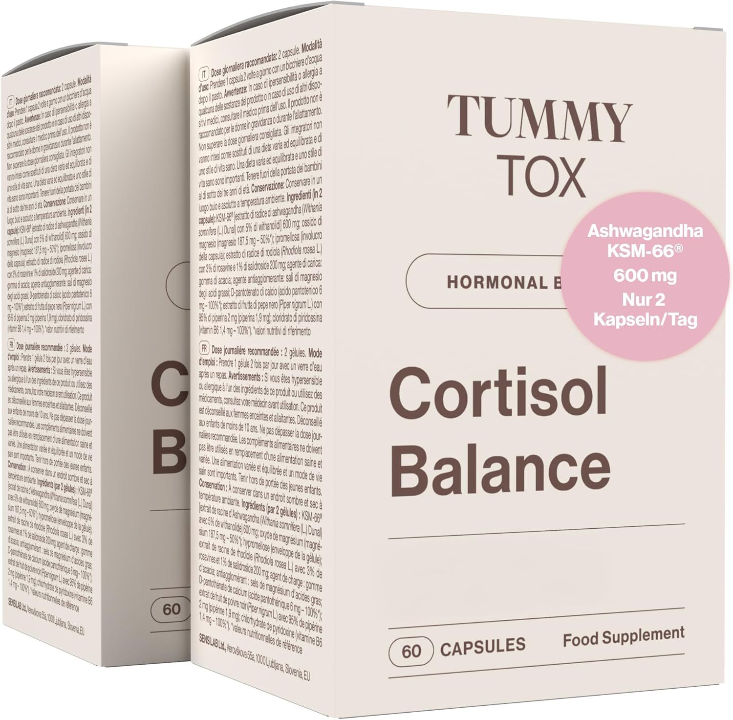 Zwei Kartons TummyTox Cortisol Balance. Aufschrift: 60 Kapseln, Hormonal Balance. Zusatzinfo: Ashwagandha 600 mg, Nur 2 Kapseln/Tag.