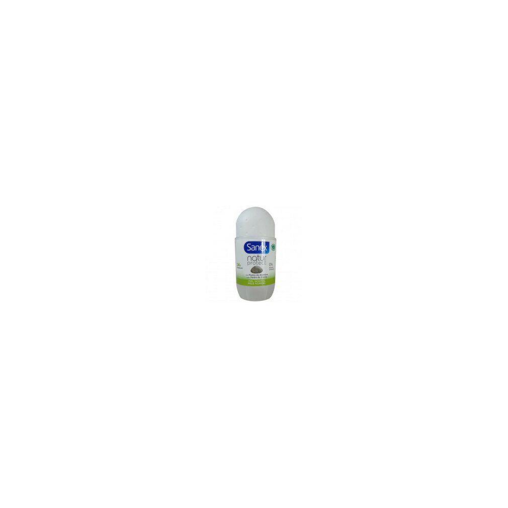 Roll-on-Deodorant Sanex Natur Protect. Weißes Gehäuse, grüner Deckel. Aufschrift: Sanex natur protect.