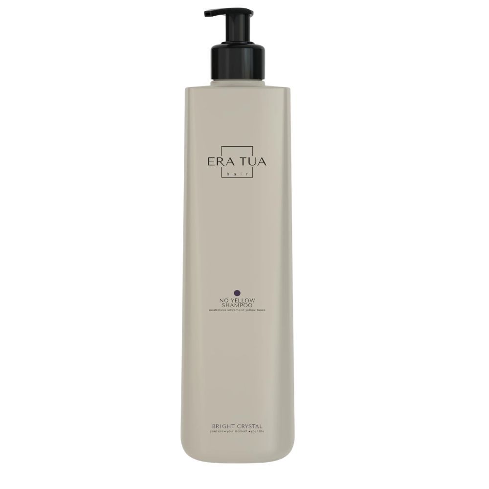 Beige Flasche mit schwarzem Pumpkopf. Text: Era Tua, No Hellum Shampoo, Bright Crystal.
