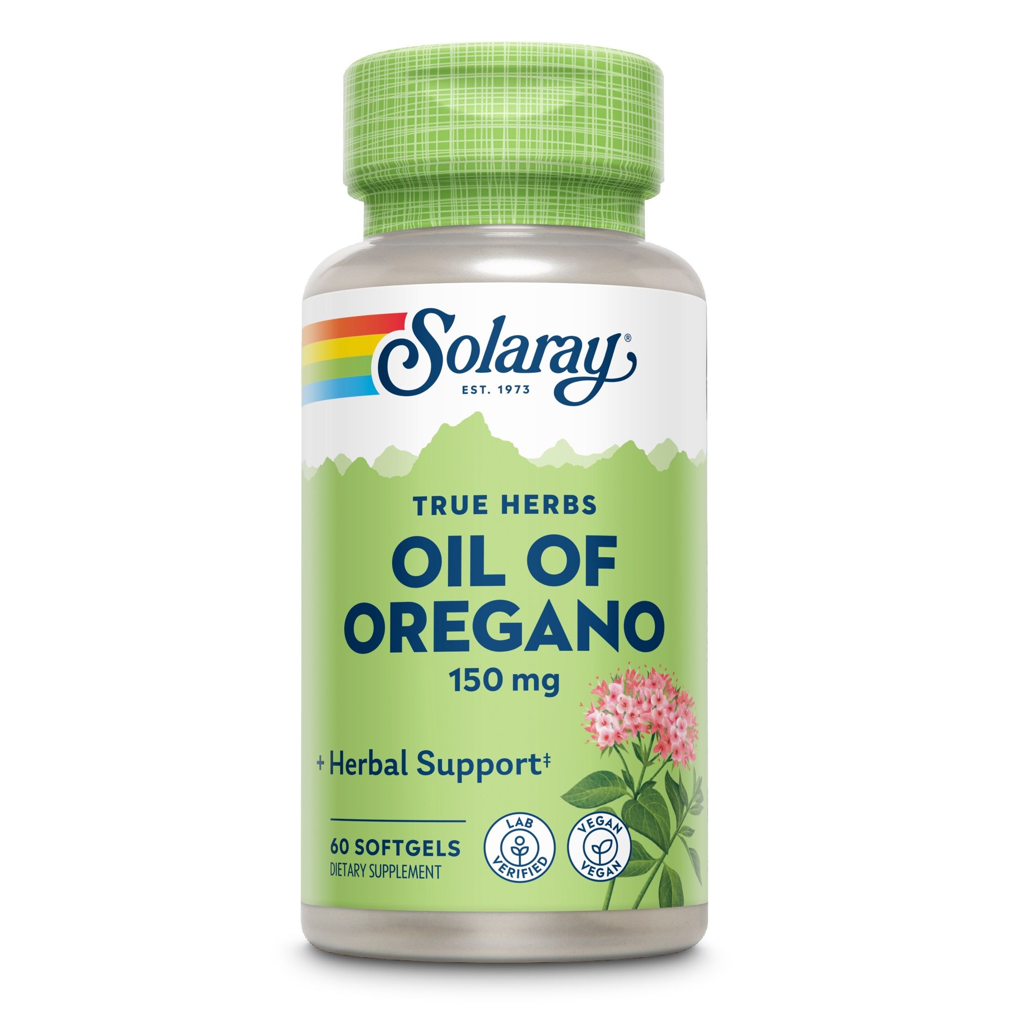 Solaray Oregano Öl-Dose. Grün-weißes Etikett. Text: True Herbs, Oil of Oregano, 150 mg, + Herbal Support, 60 Softgels, Vegan.