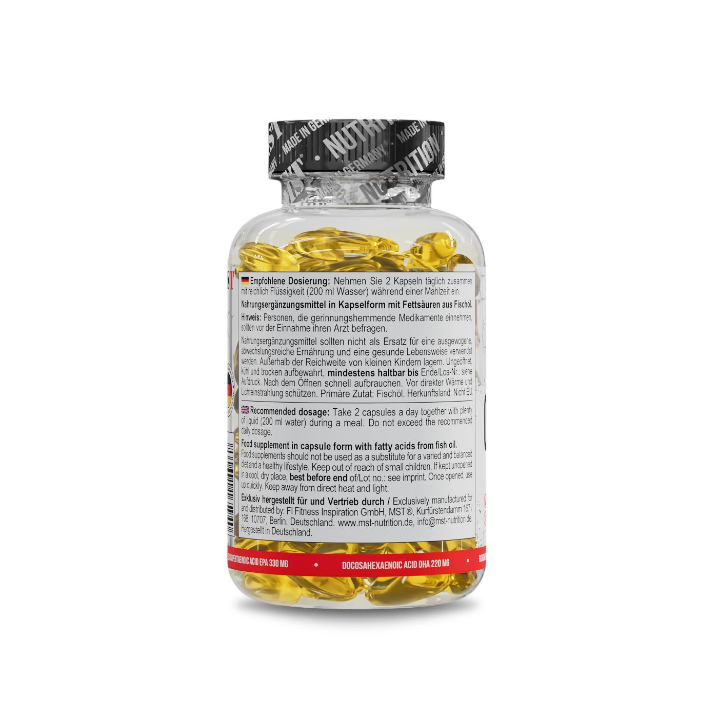 Rückseite einer Flasche mit gelben Kapseln. Text mit Dosierungsempfehlung und Warnhinweisen. Enthält Fischöl.