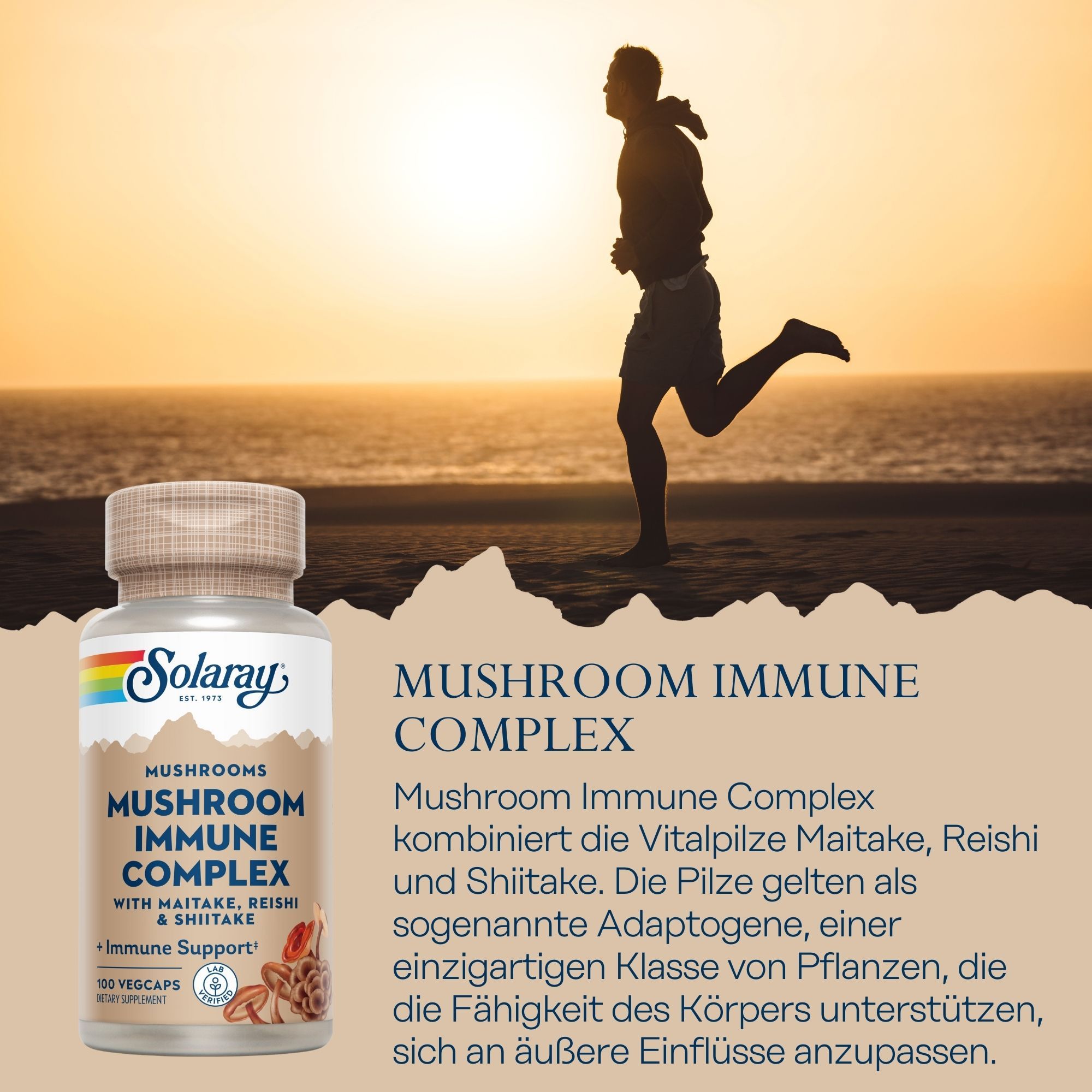 Solaray-Flasche mit Mushroom Immune Complex. Enthält Maitake, Reishi und Shiitake. 100 Vegcaps. Person läuft am Strand.