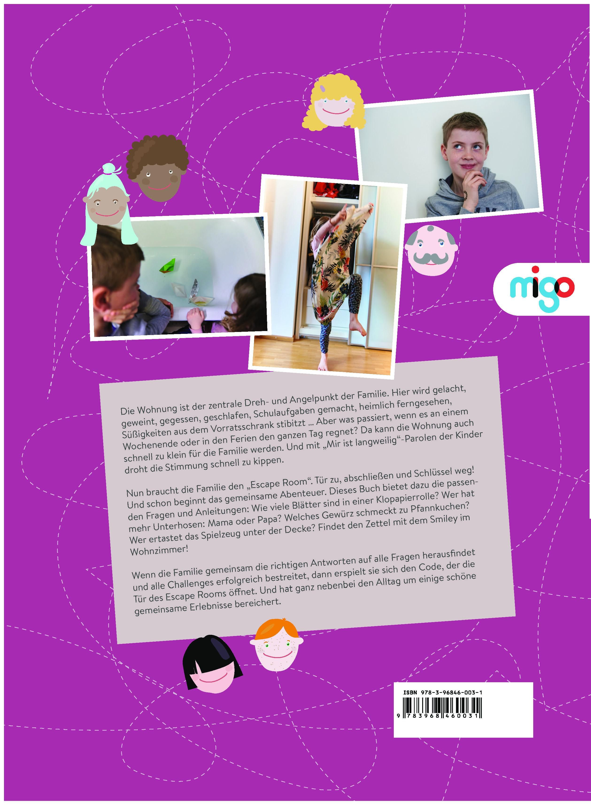 Rückseite eines Kinderbuchs. Fotos von Kindern und Text über ein "Escape Room"-Spiel für die Familie.