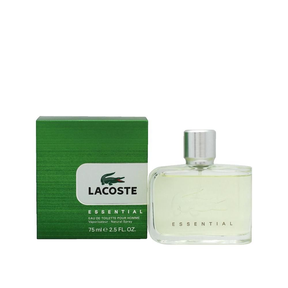 Grüne Verpackung und Glasflakon. Logo "LACOSTE" und "ESSENTIAL". Flakon mit silbernem Verschluss. 75 ml.