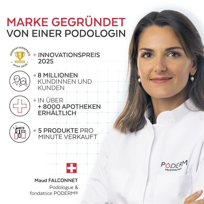 Frau mit Text: Marke gegründet von einer Podologin. Innovationspreis 2025. In über 8000 Apotheken erhältlich. Swiss Made.