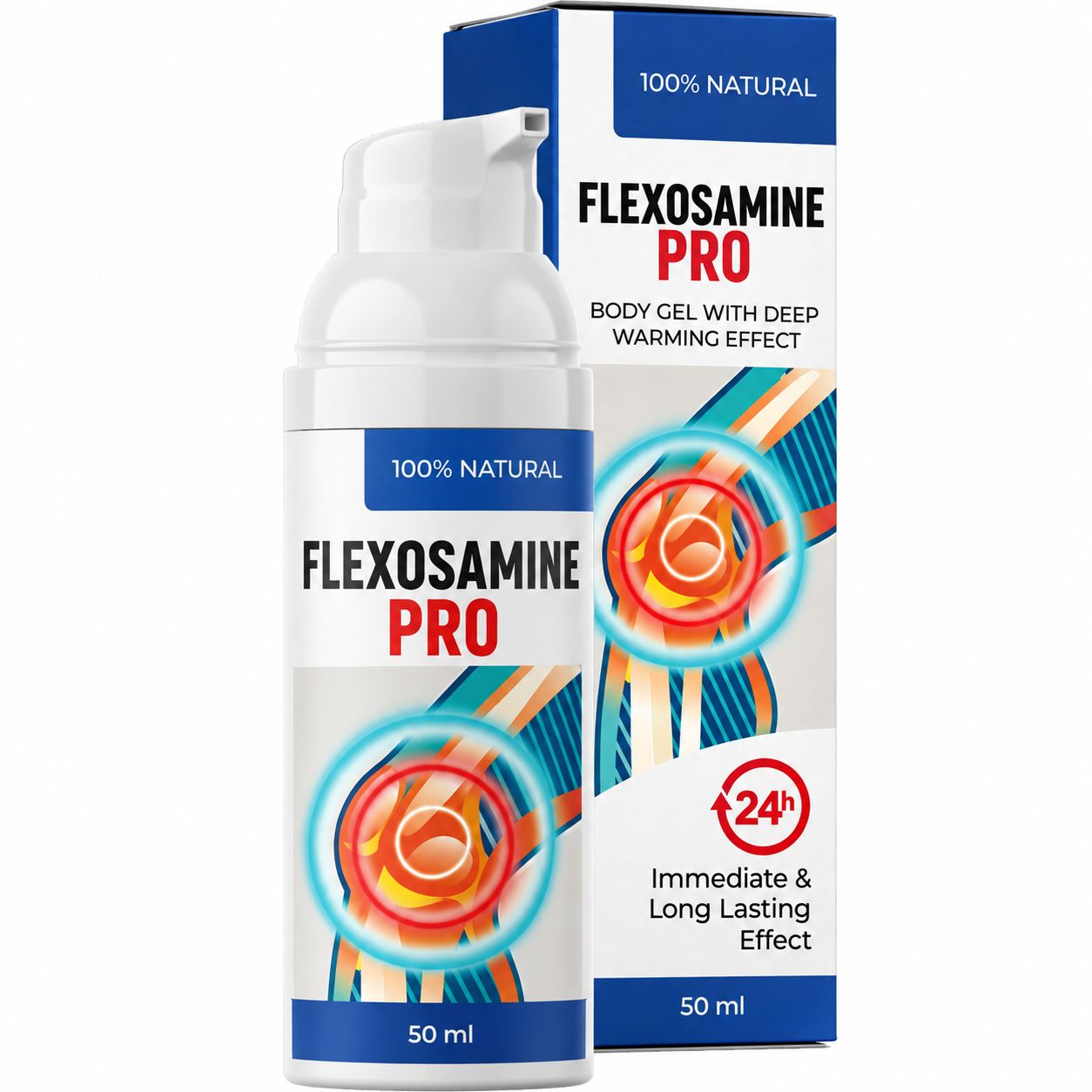 Flasche mit 50 ml Flexosamine Pro Körpergel mit Tiefwärme-Effekt. 100% natürlich.