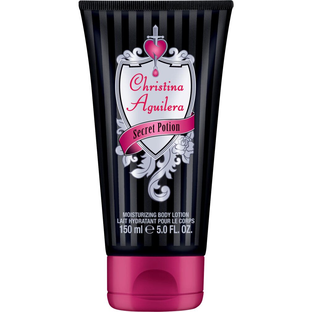 Christina Aguilera Secret Potion Körperlotion in schwarzer Tube mit pinkem Verschluss. 150 ml.