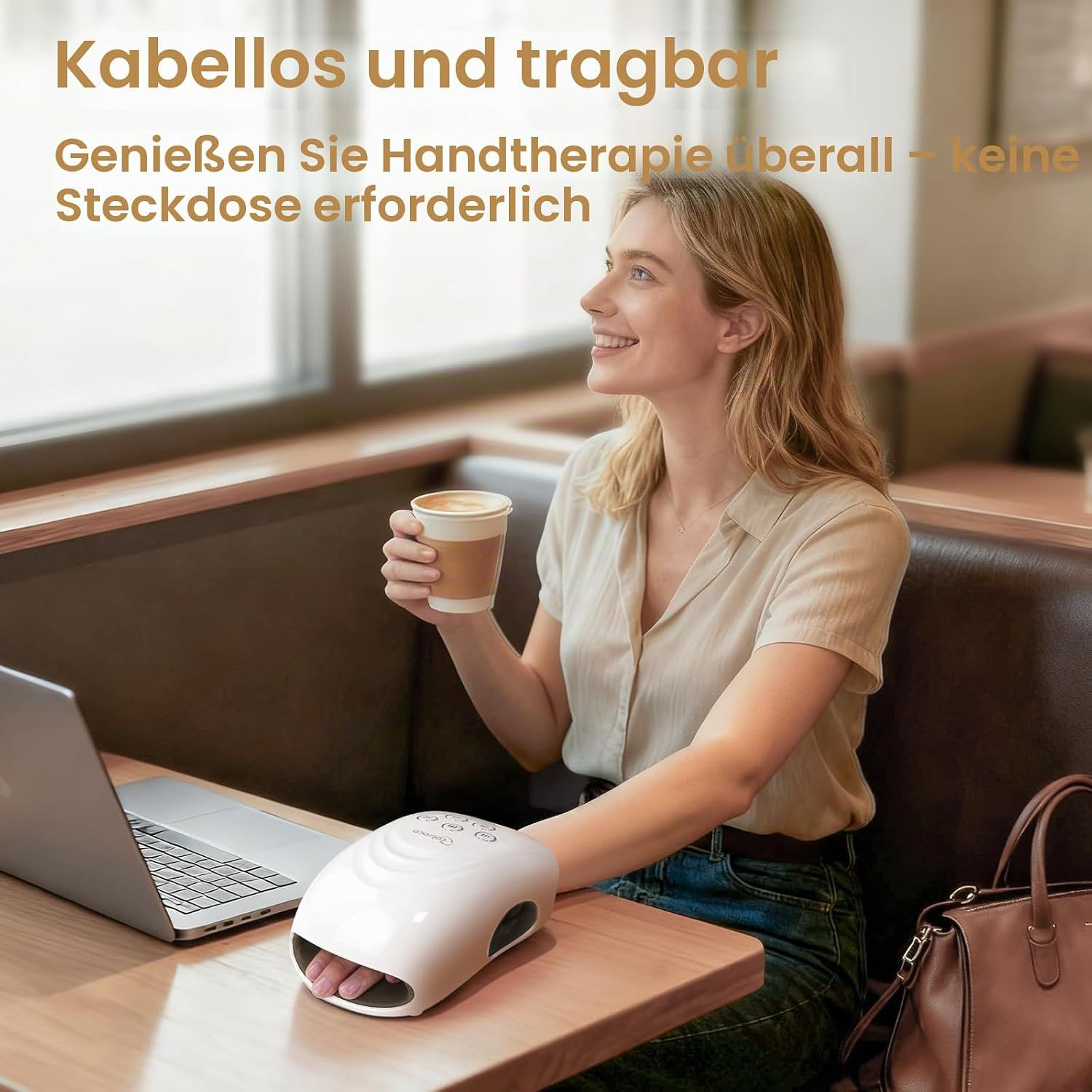 Frau mit Kniebandage, die auf einem Laptop tippt. Anzeige von Vibrations- und Heizmodi.