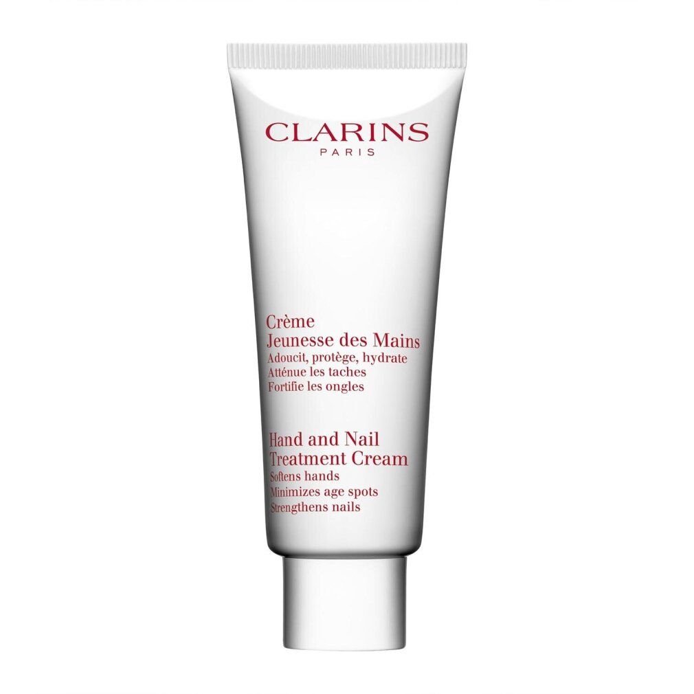 Weiße Tube Clarins Hand & Nail Treatment Cream. Roter Schriftzug: Crème Jeunesse des Mains, Hand and Nail Treatment Cream.