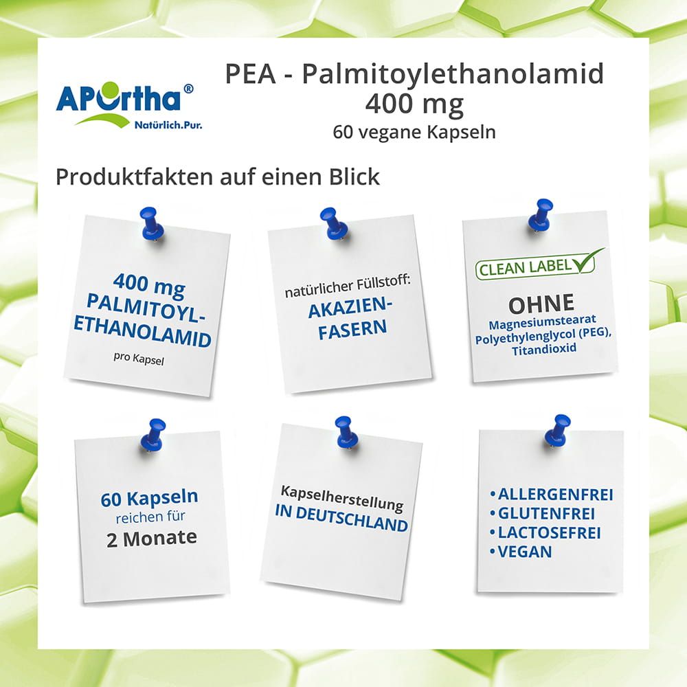 Produktfakten: 6 Notizzettel mit Informationen zu Inhaltsstoffen und Eigenschaften. Enthält 400 mg Palmitoylethanolamid, Akazienfasern, und ist vegan.