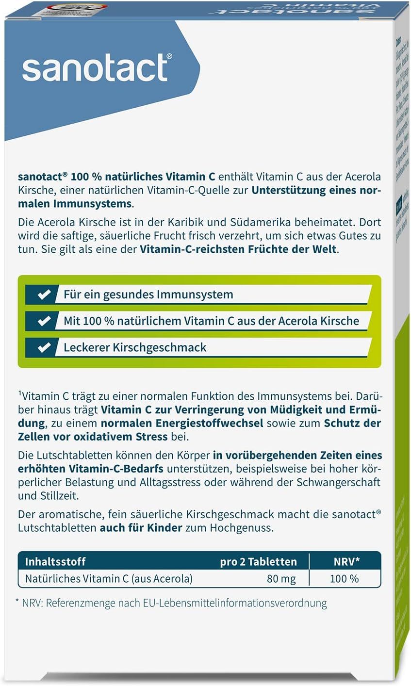 Verpackung von sanotact Vitamin C. Text: 100% natürliches Vitamin C, Acerola Kirsche. Grün-weiße Verpackung mit Text.