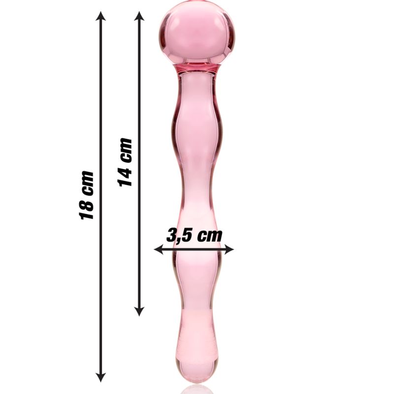 Rosa Dildo aus Borosilikatglas. Maße: 18 cm lang, 14 cm Schaftlänge, 3,5 cm Durchmesser. Auf weißem Hintergrund.