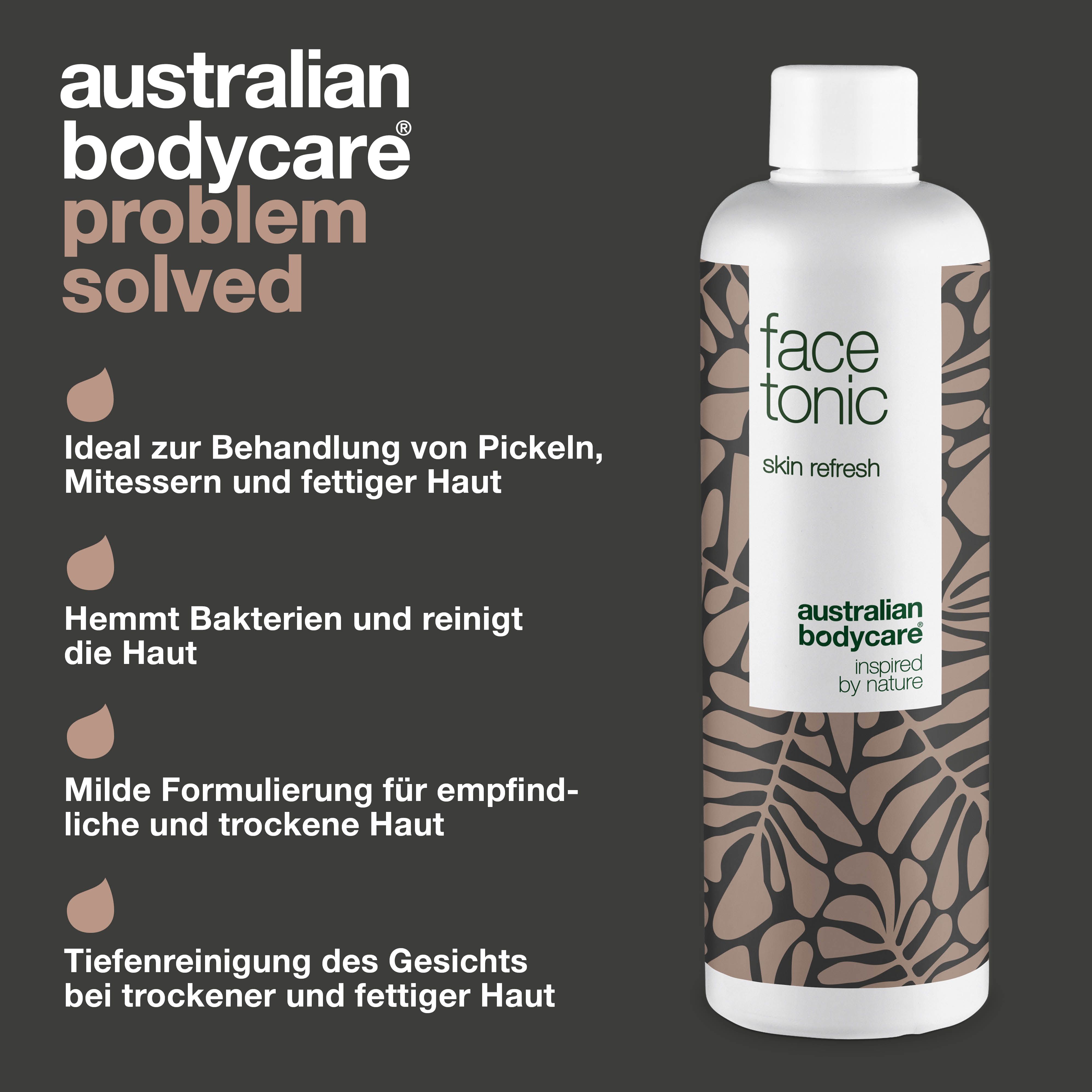 Flasche „face tonic“ von Australian Bodycare. Text: Ideal für Pickel, Mitesser und fettige Haut. Reinigt die Haut. Milde Formel.