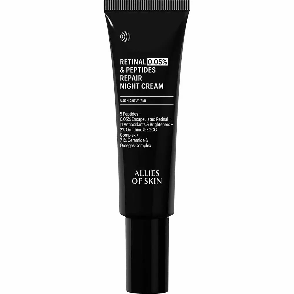 Schwarze Tube mit weißem Text: Retinal 0,05% & Peptides Repair Night Cream. Marke: ALLIES OF SKIN.