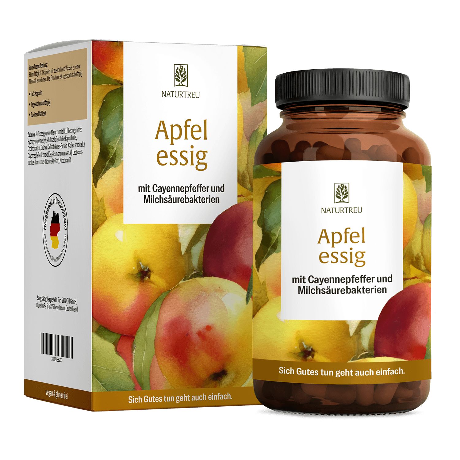 Naturtreu Apfelessig Kapseln mit Cayennepfeffer und Milchsäurebakterien, 90 vegane Kapseln.