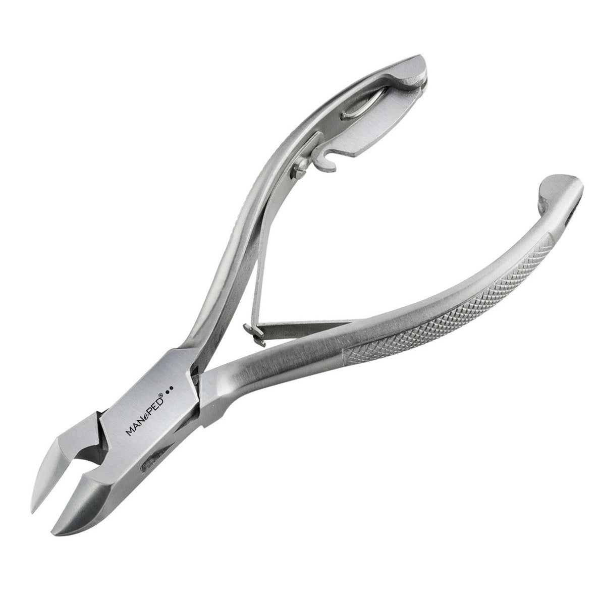 Nagelzange aus Metall. MANePed-Markenlogo. Silberfarbenes Metall, geriffelte Griffe. Ergonomisches Design mit Hebel.