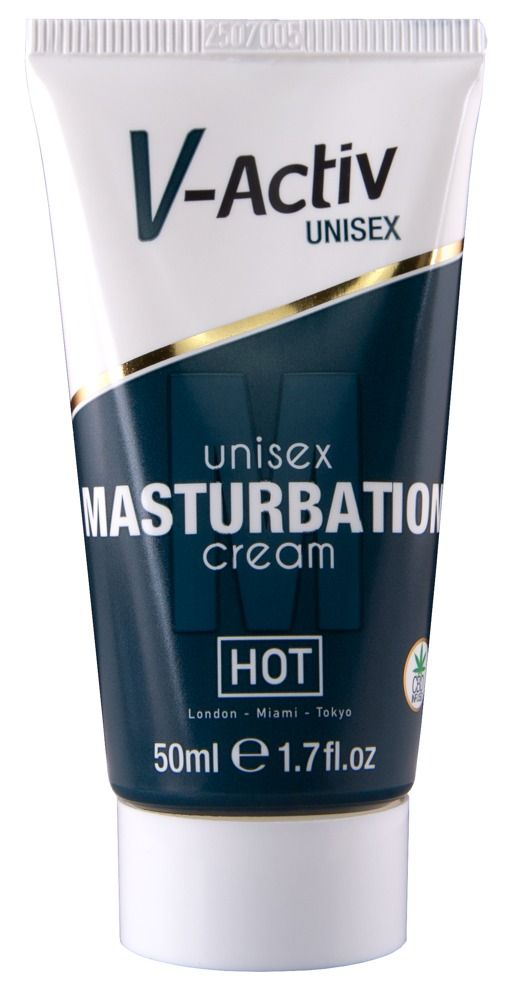 V-Activ Unisex Masturbation Cream Tube, 50ml, mit HOT-Kennzeichnung und CBD-Symbol.