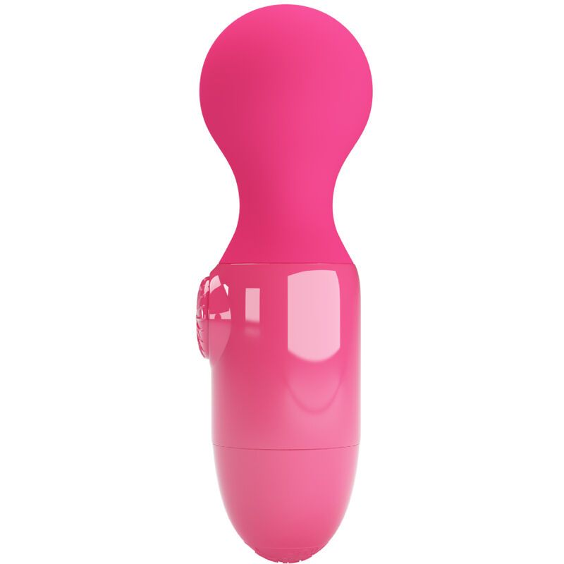 Pinker Mini-Massagestab, Seitenansicht mit geriffeltem Knopf.
