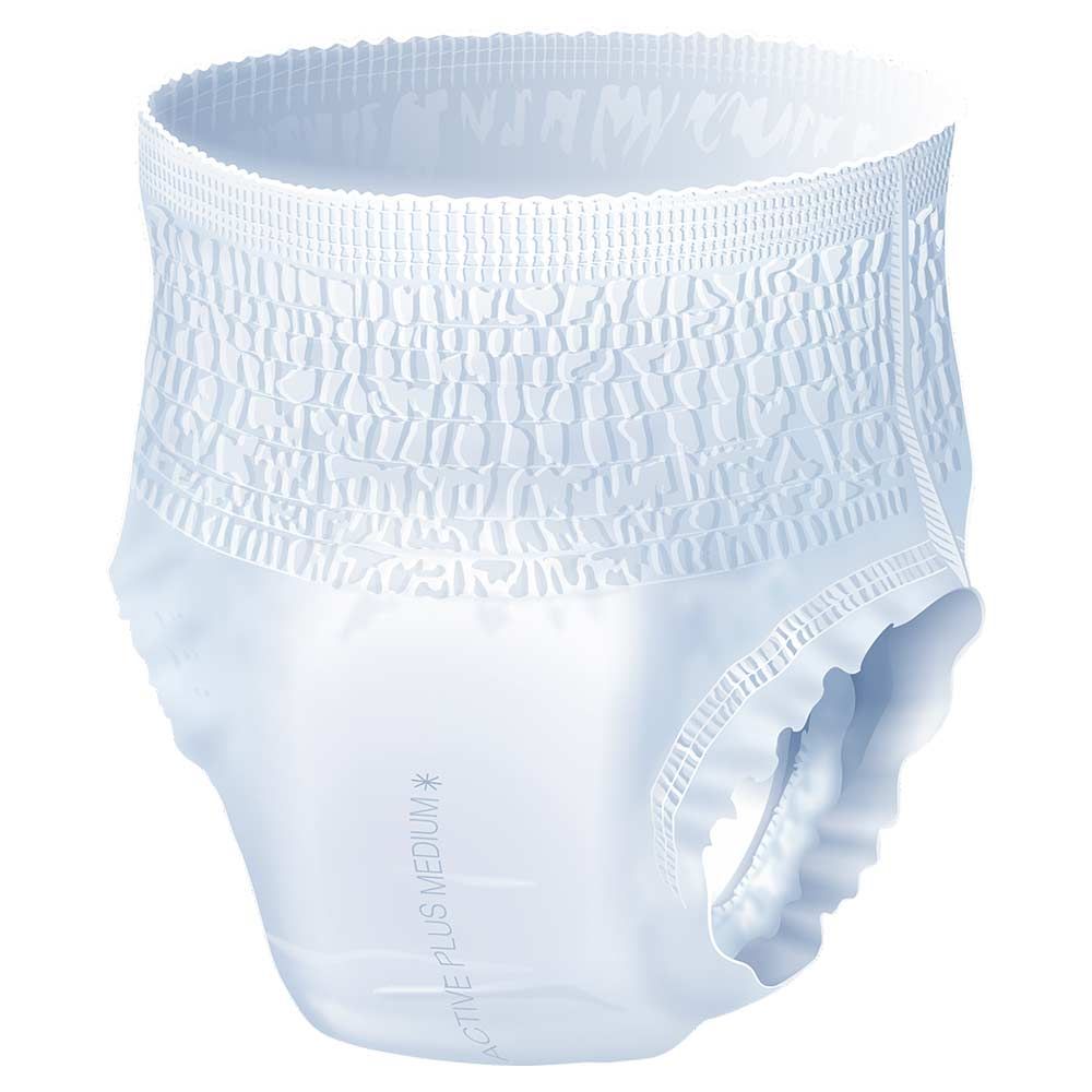 Weiße Seni Active Plus Inkontinenzhose. Elastischer Bund und Beinbündchen. Medium-Größe.