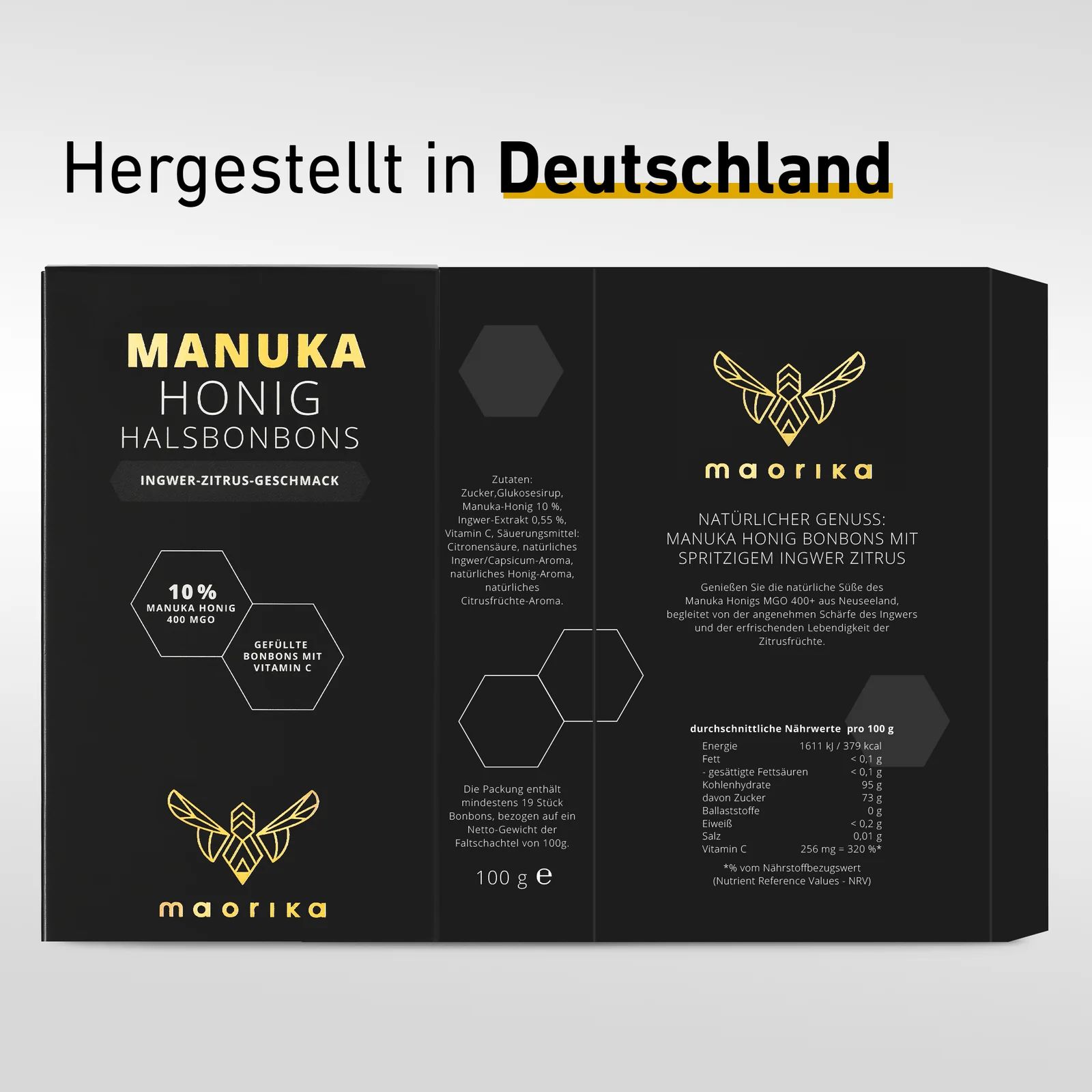 Geöffnete Packung "MANUKA HONIG HALSBONBONS". Text: Ingwer-Zitrus-Geschmack, 10% Manuka Honig, Vitamin C. Marke: maorika.