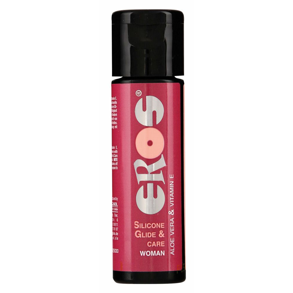 Zylinderförmige Flasche mit schwarzem Deckel. Aufschrift: EROS, Silicone Glide & Care, Aloe Vera & Vitamin E, WOMAN.