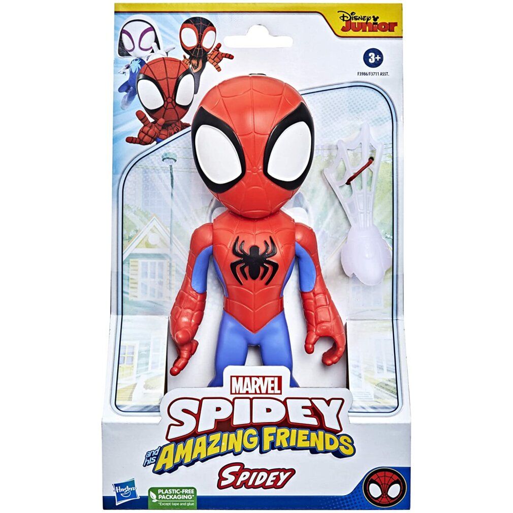 Spidey-Figur in Verpackung. Rot, blau und schwarz. Mit Zubehör. Marvel Spidey and His Amazing Friends.