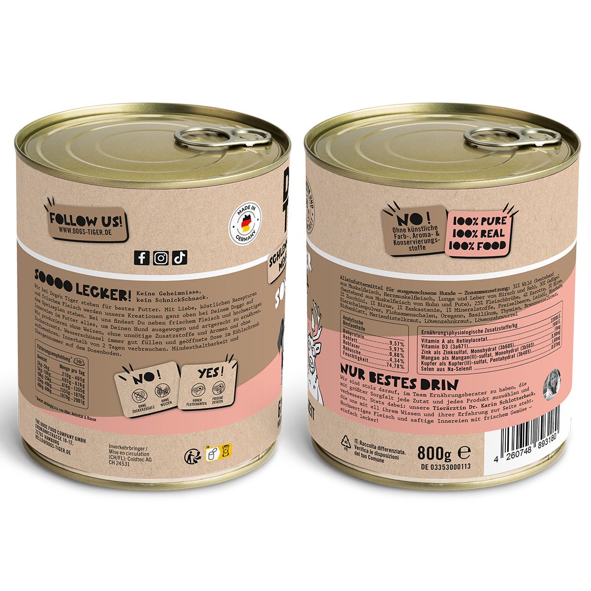 Zwei Seiten einer Dose Hunde Nassfutter. Auf der Dose steht: Dogs'n Tiger, Sonntagsjäger, Wild mit Geflügel, Birne & Esskastanie. Mit Text und Nährwertangaben.