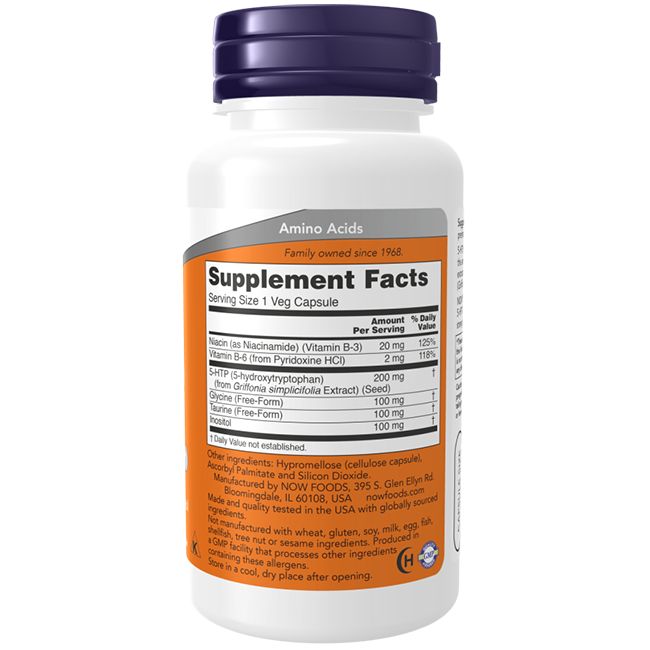 Weiße Flasche mit lila Deckel. Aufkleber mit Produktinformationen und Nährwertangaben. Enthält 5-HTP (Hydroxytryptophan).