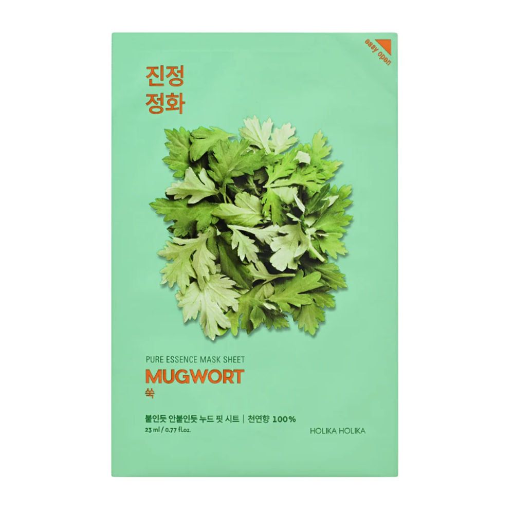 Gesichtsmaske mit Mugwort-Essenz. Grünliche Verpackung mit Kräuterabbildung und Schriftzug. Marke Holika Holika.