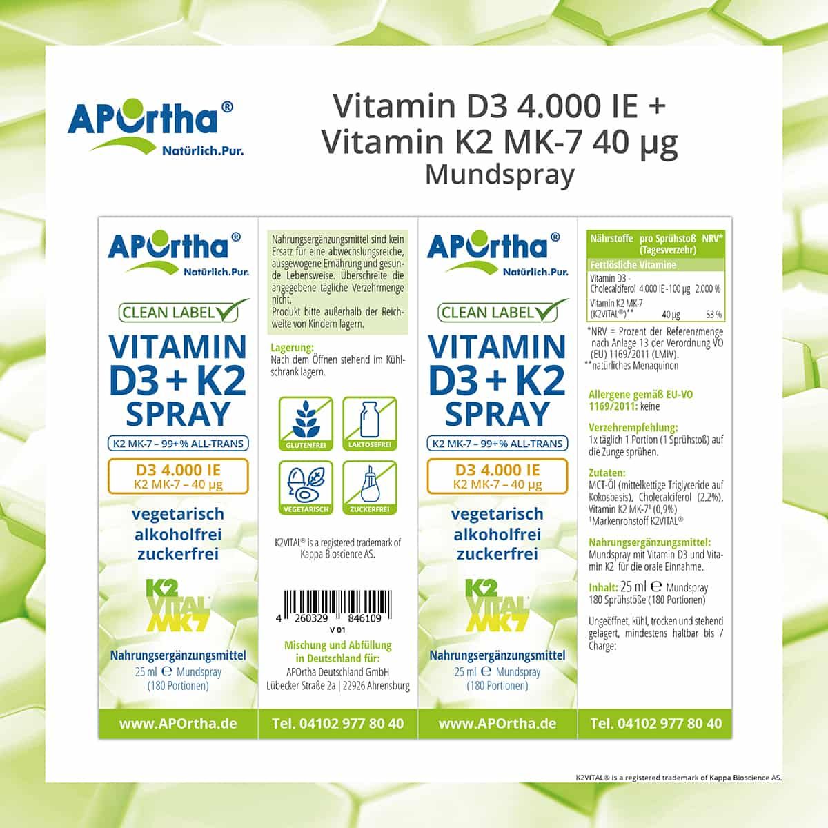 Drei Produktverpackungen nebeneinander. Aufschrift: Vitamin D3 + K2 Spray. Enthält Informationen zu Inhaltsstoffen und Nährwerten.