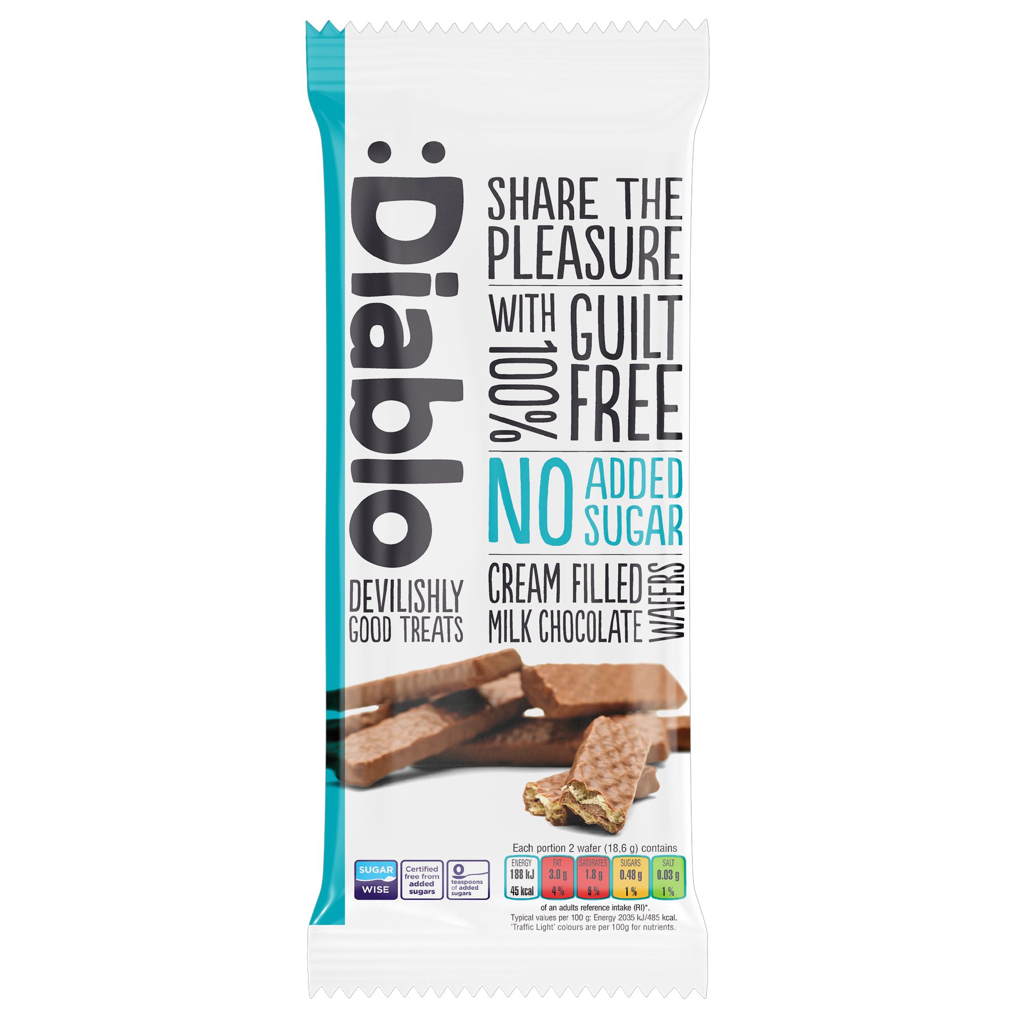 Diablo Waffelriegel-Verpackung. Text: "No Added Sugar Cream Filled Milk Chocolate Wafers". Produktabbildung.