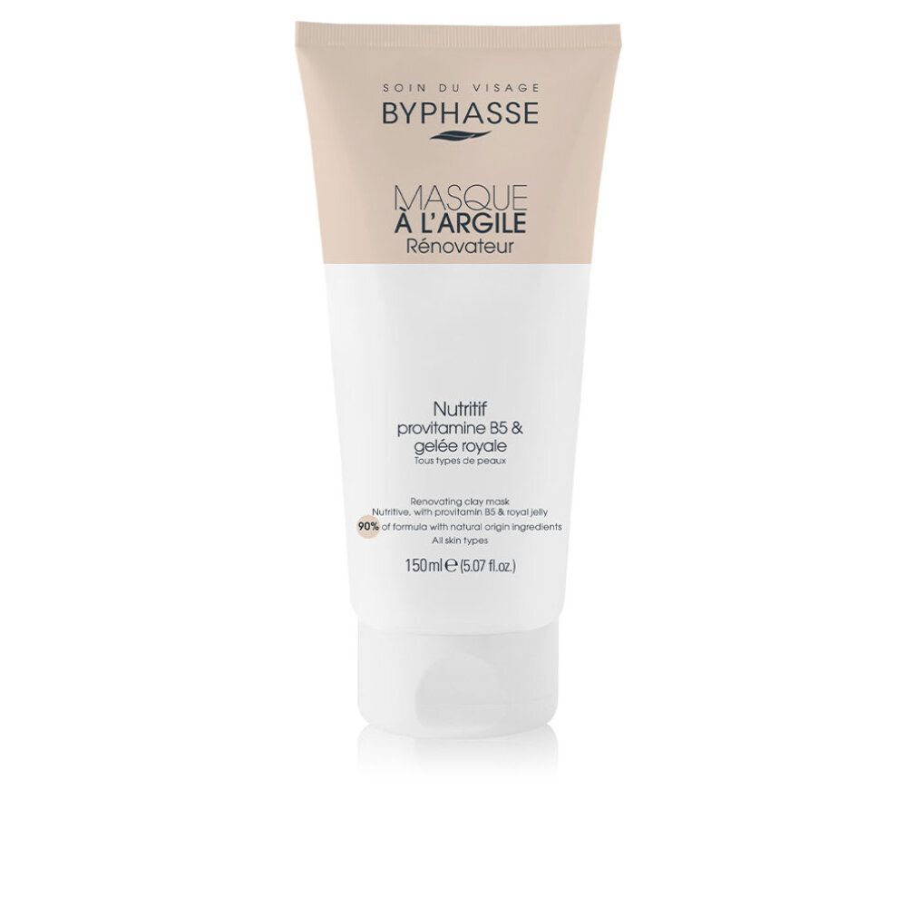 Creme-Tube mit Produktnamen und Inhaltsangaben. Beige und weiße Farbgebung. Text in Französisch.