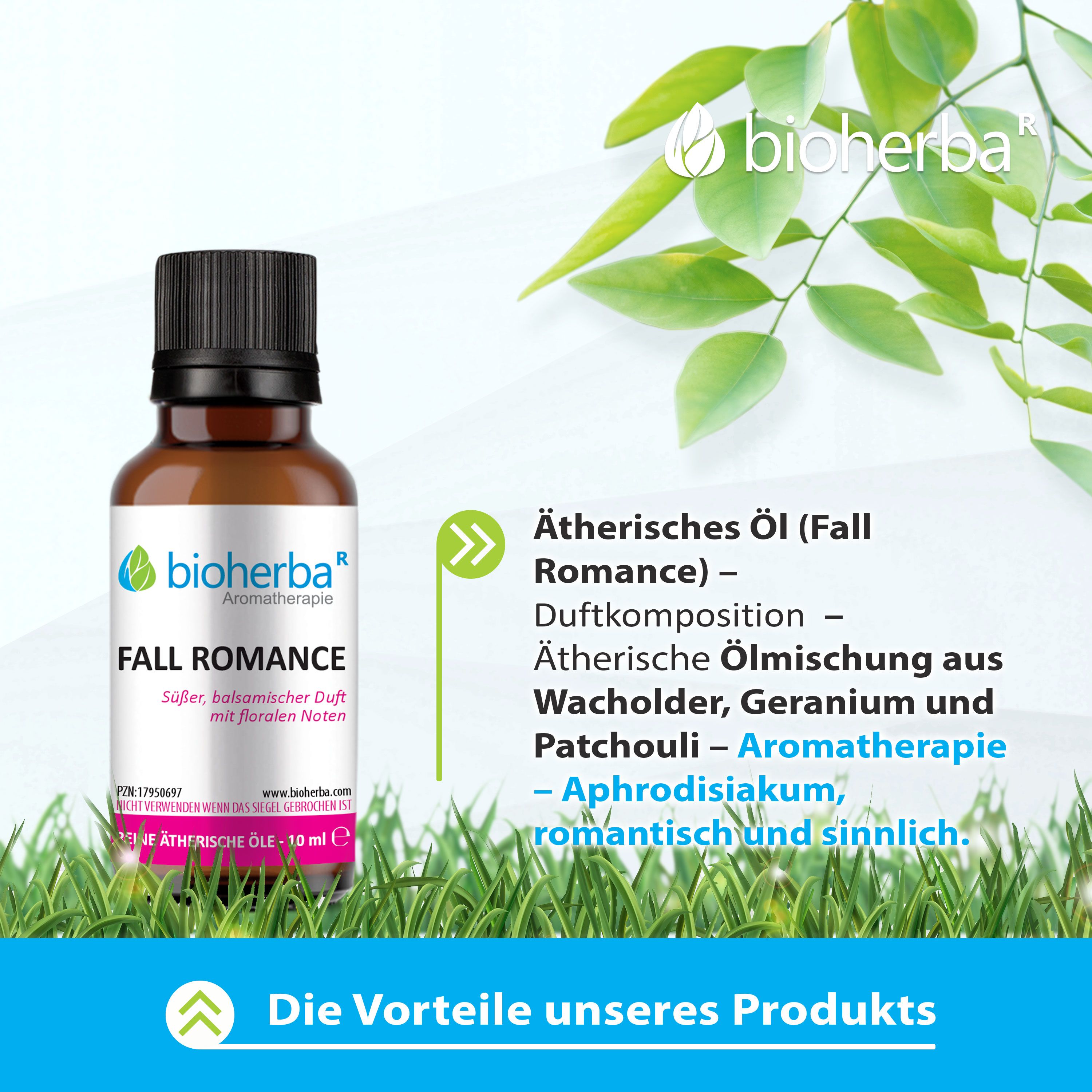 Braune Glasflasche mit schwarzem Deckel und Etikett. Aufschrift: Fall Romance, ätherisches Öl. Grüner Hintergrund mit Blättern.