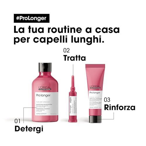 Drei L'Oréal Pro Longer Produkte: Shampoo, Ampulle, Maske.